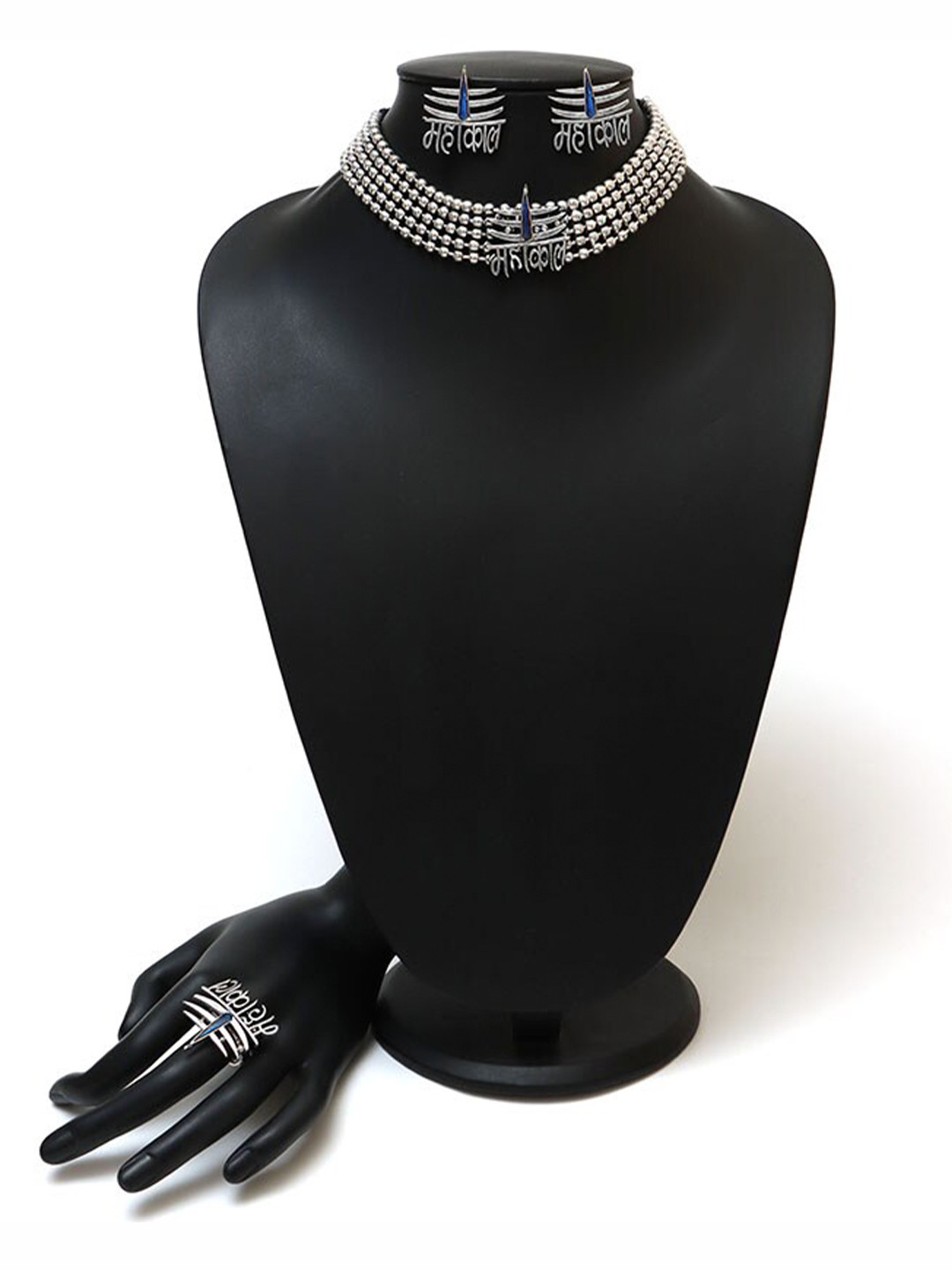 Ozanoo Oxidised Mahakaal Ball Chain Choker Set With Finger Ring