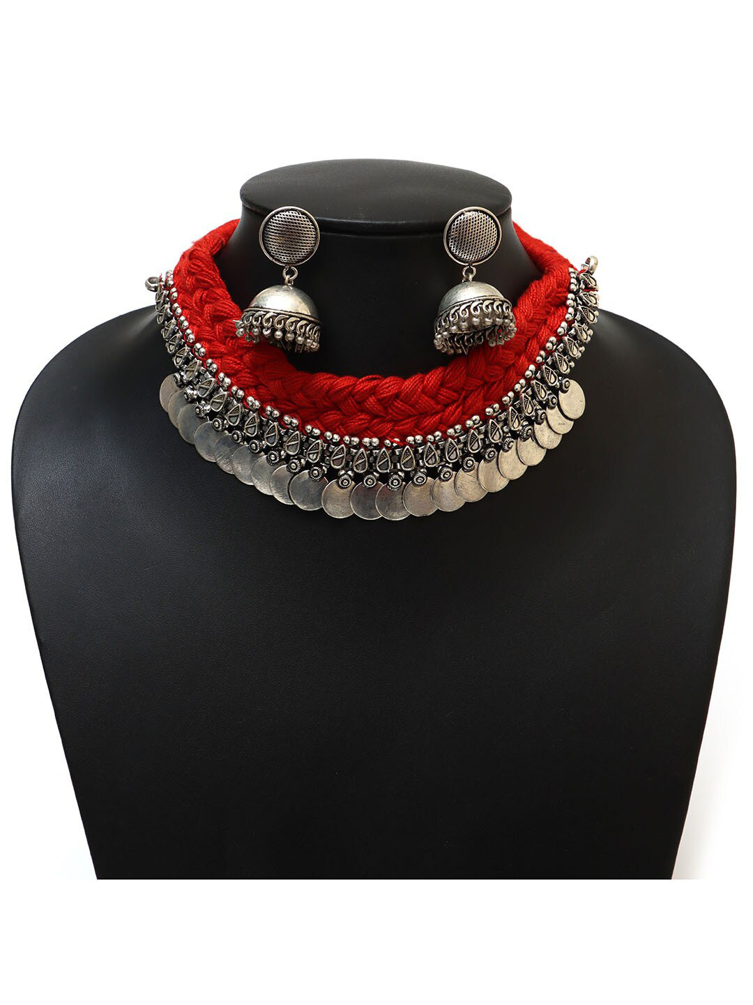 Ozanoo Oxidised Coin Thread Jewellery Set