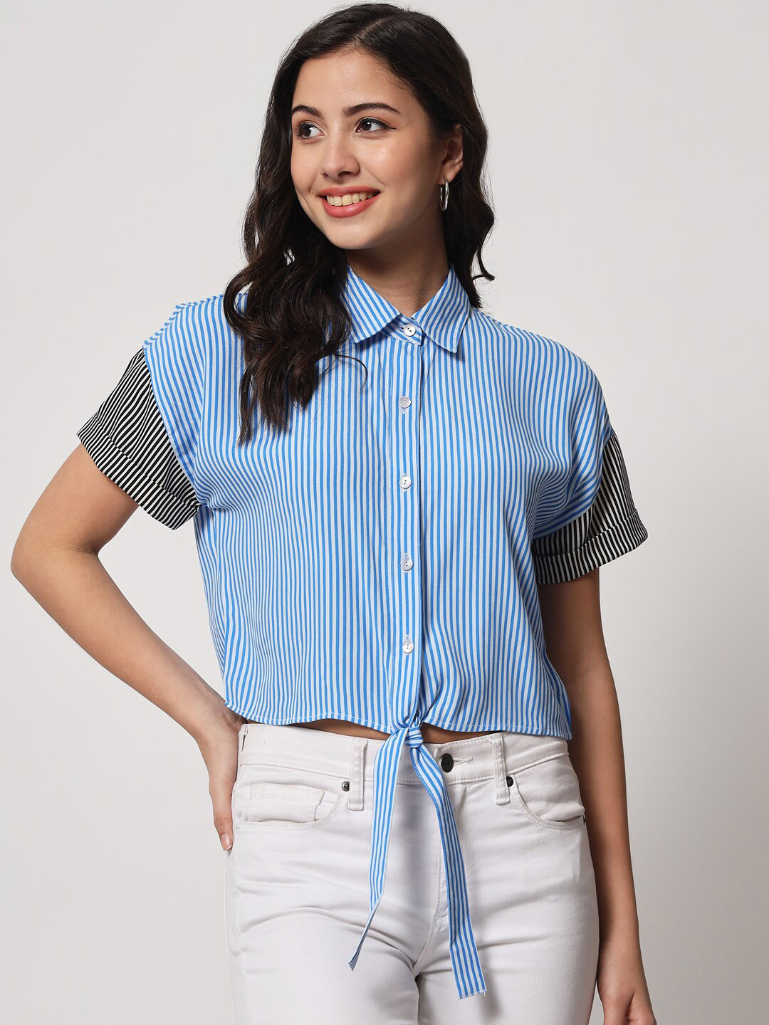 CHARMGAL Blue Striped Shirt Style Crop Top