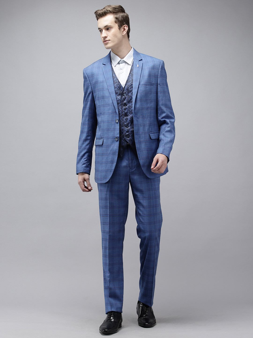 Van Heusen Checked Slim Fit Single-Breasted Three-Piece Formal Suit