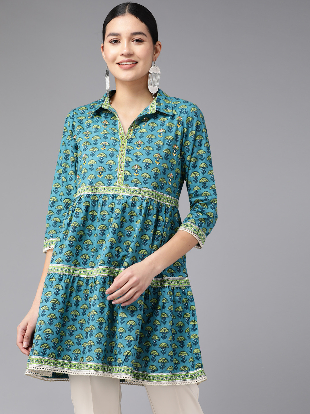 Amirah s Teal Shirt Collar Printed Cotton Tunic