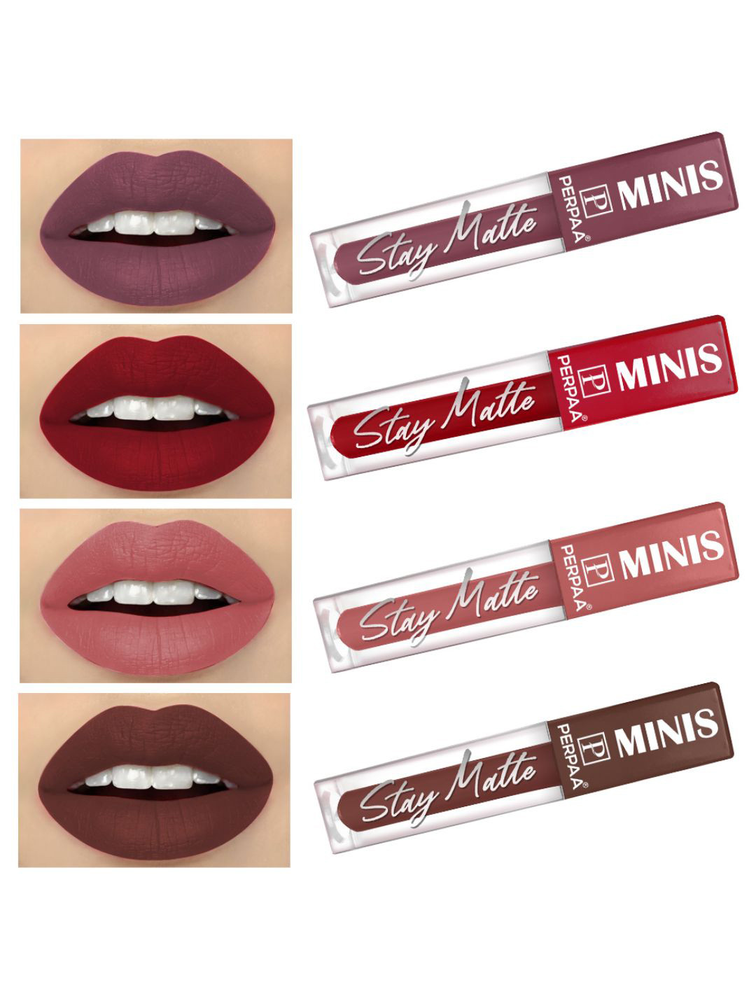 PERPAA Set of 4 Stay Matte Waterproof & Long Lasting Velvety Mini Lipstick - 2.5 ml Each
