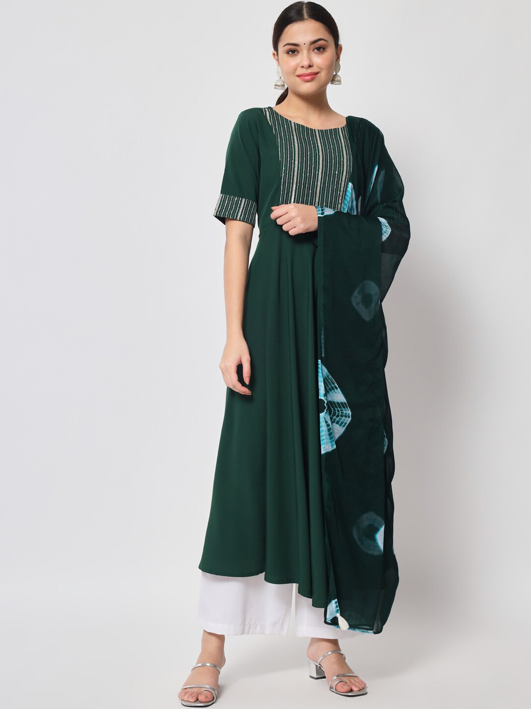 FIORRA Women Poly Crepe A-lIne Kurta with Dupatta