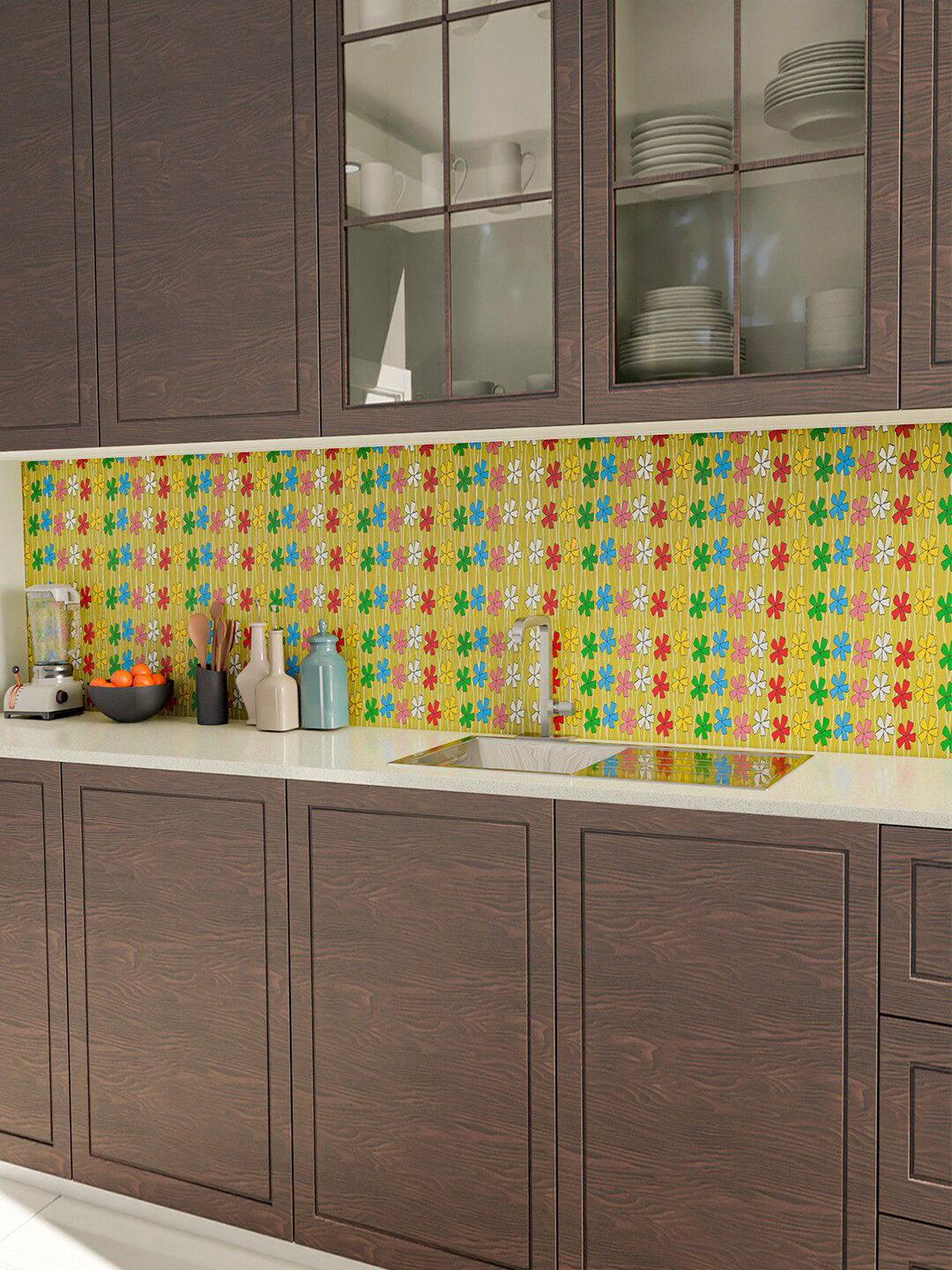 Kuber Industries Green & Yellow Floral Print Self Adhesive Wall Sticker