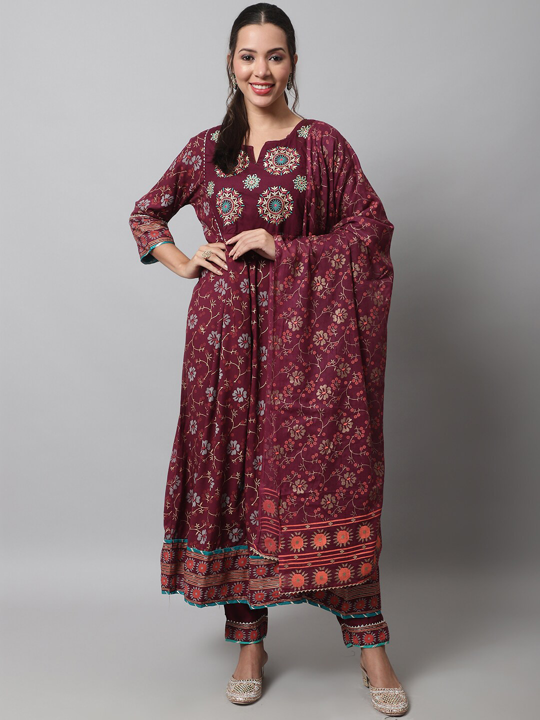 KALINI Women Notched Neck Floral Embroidered High Slit Thread Work Kurta Set