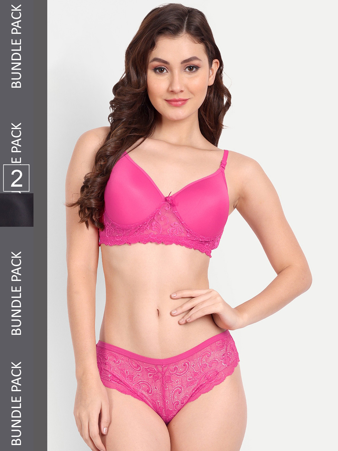 FIMS Pack Of 2 Cotton Padded Floral Lace Lingerie Set