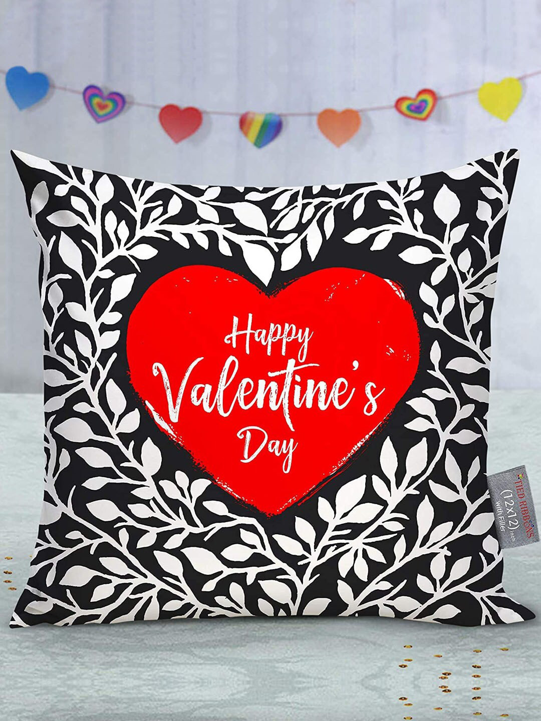 TIED RIBBONS Black & Red Quirky Satin Square Cushion Cover with Filler