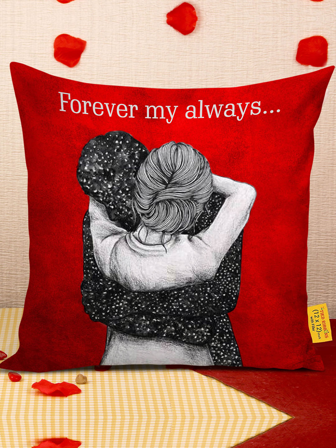 TIED RIBBONS Red & Black Quirky Printed Satin Square Cushion Cover with Filler Combo