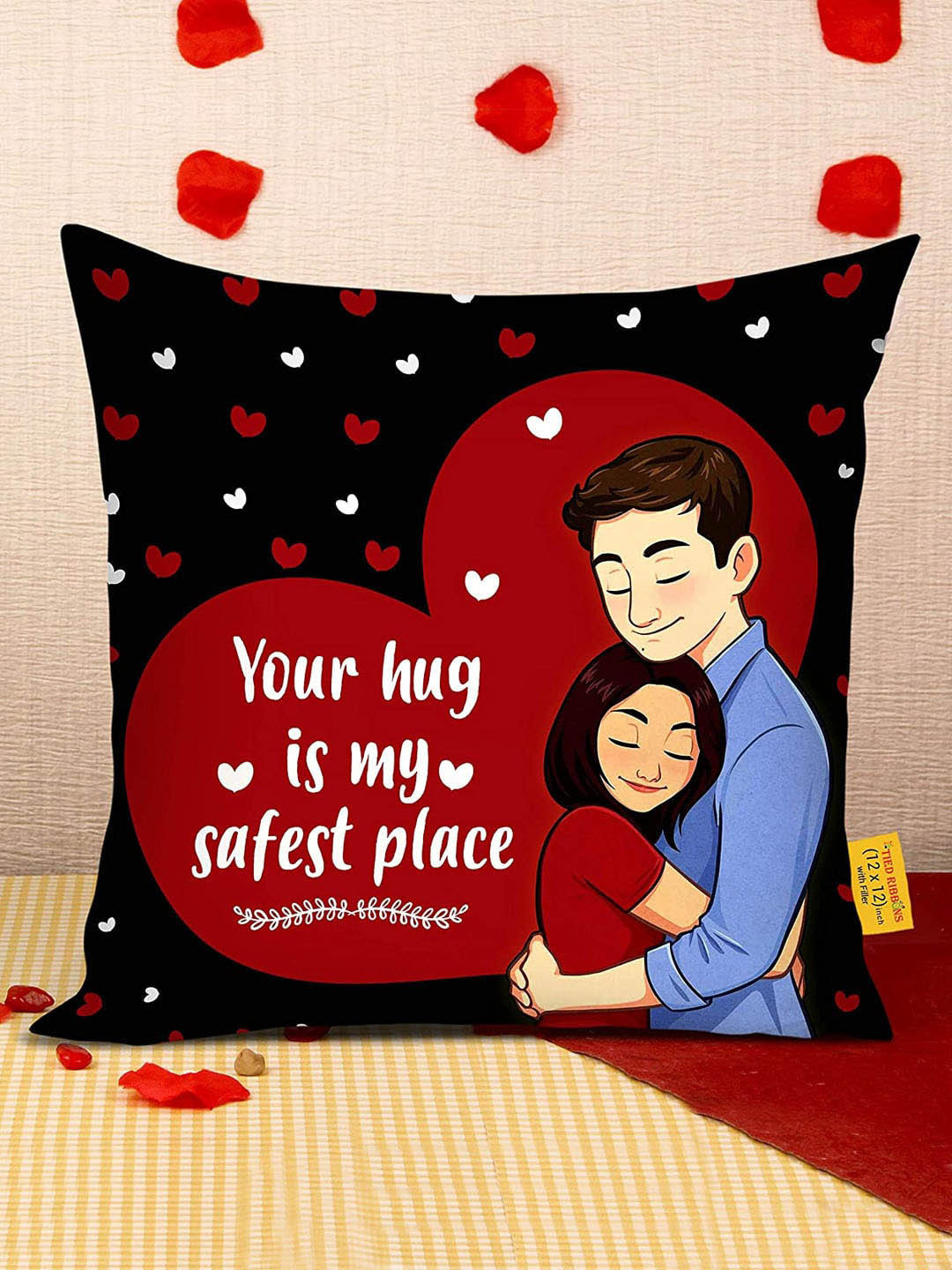 TIED RIBBONS Maroon Quirky Printed Satin Square Cushion Cover With Filler Combo