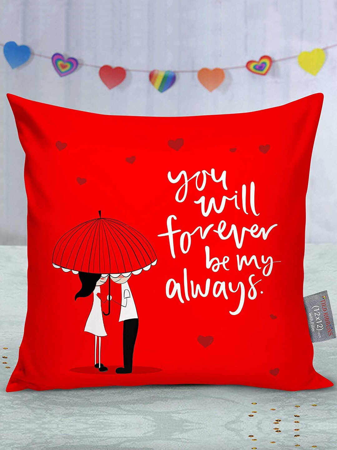 TIED RIBBONS Red Quirky Printed Satin Square Cushion Cover With Filler Combo