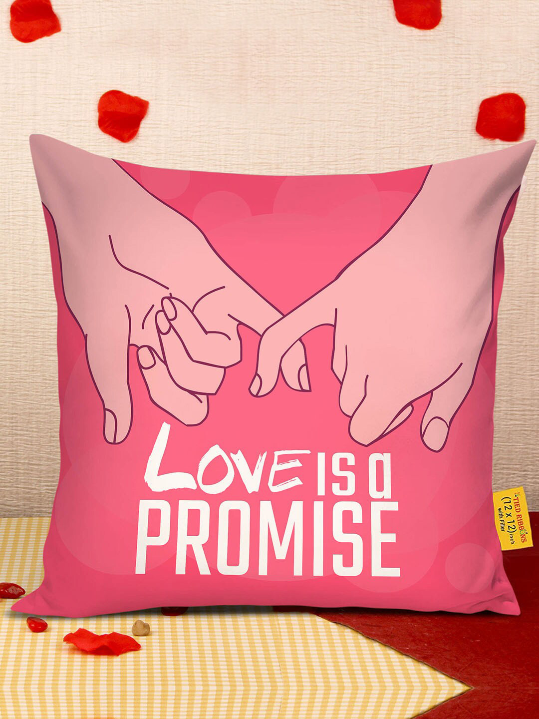 TIED RIBBONS Pink & White Printed Cushion Cover With Filler Gift