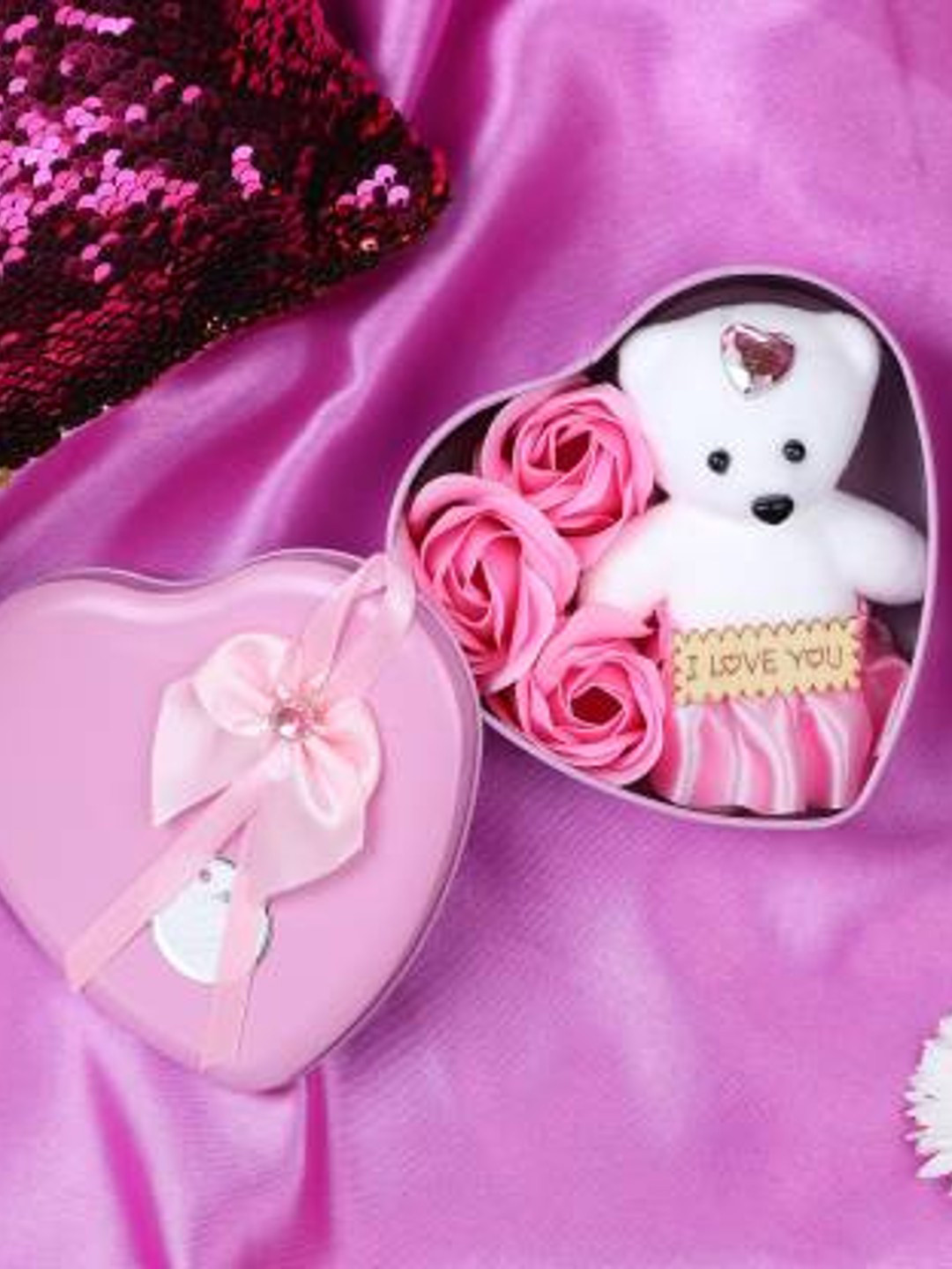 TIED RIBBONS Pink Heart Box with Mini Teddy & Artificial Roses Gift Set
