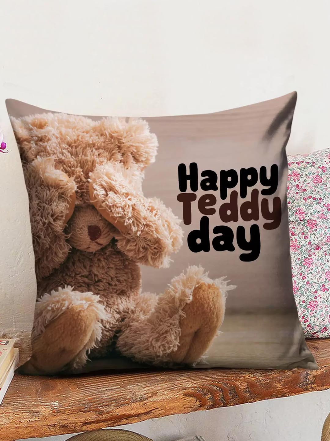 TIED RIBBONS Brown Typography Satin Washable Square Cushion Cover -12x12In