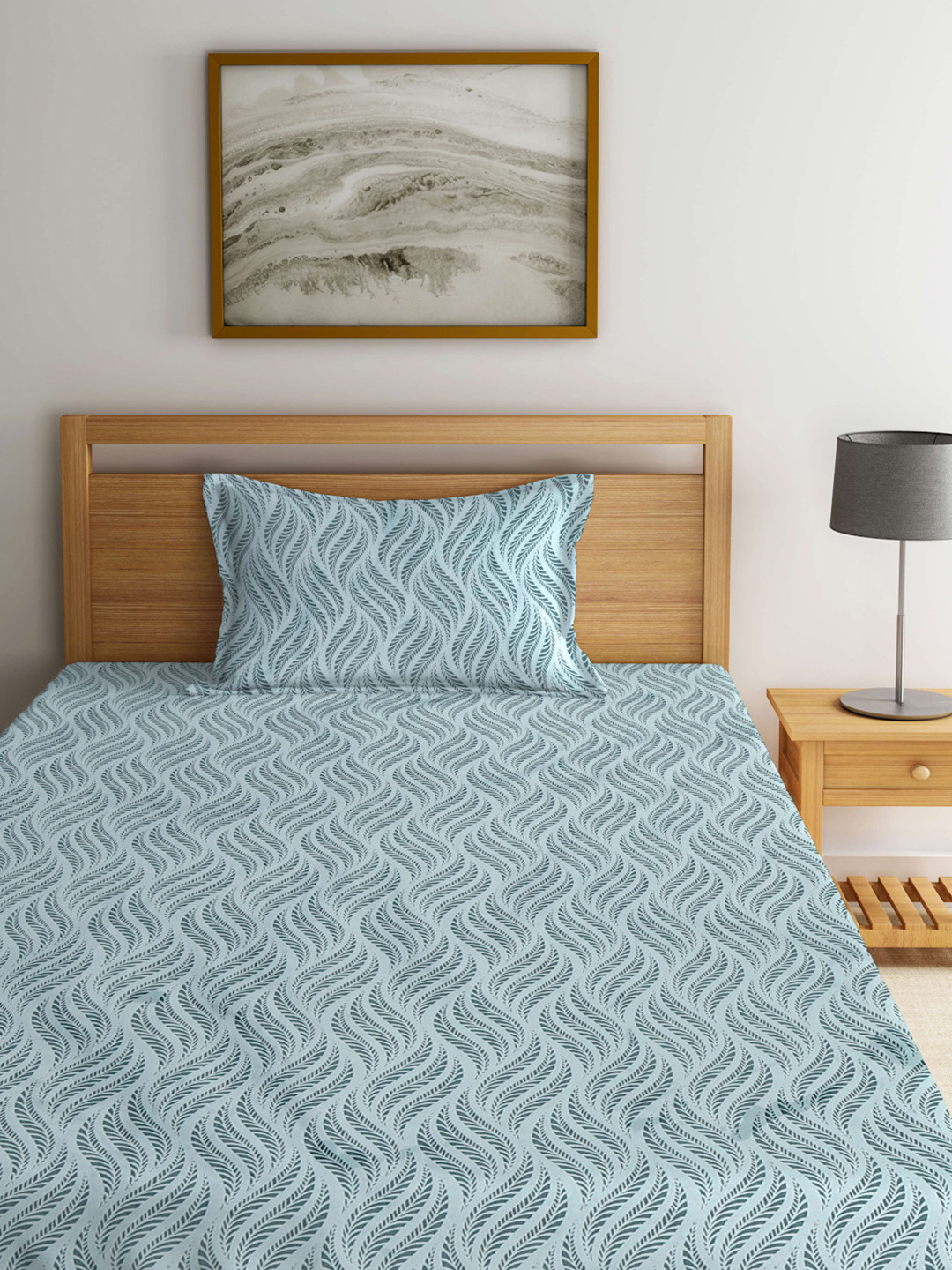 KLOTTHE Blue Leaf Cotton 300 TC Fitted Single Fine Bedsheet with a Pillow Cover-220 x 150 cm