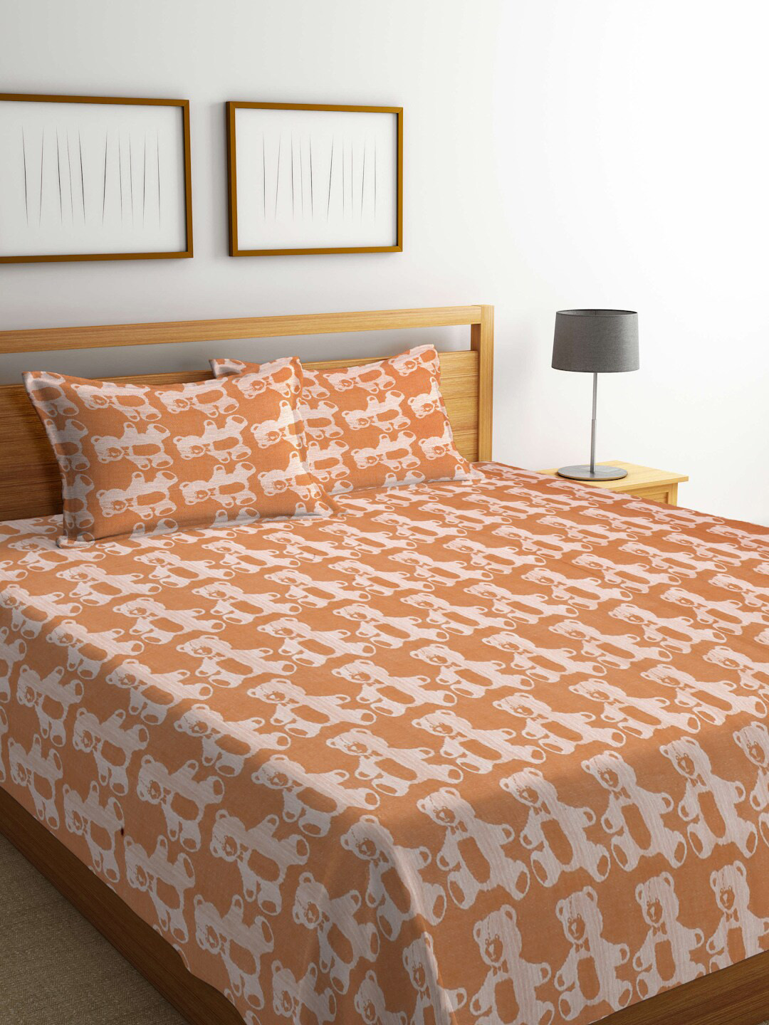 KLOTTHE Orange & Off White Woven Design 300 TC Pure Cotton Single Bedsheet & Pillow Cover