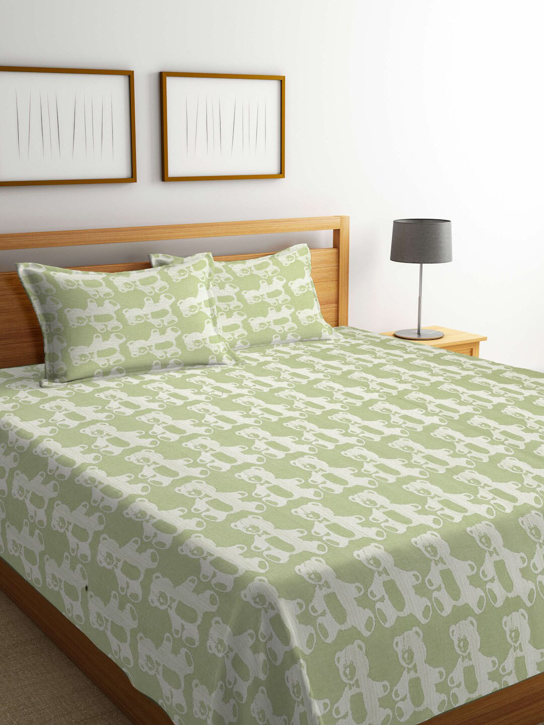 KLOTTHE Green Woven Design 350 TC Pure Cotton Double King Bed Cover With Pillow Covers