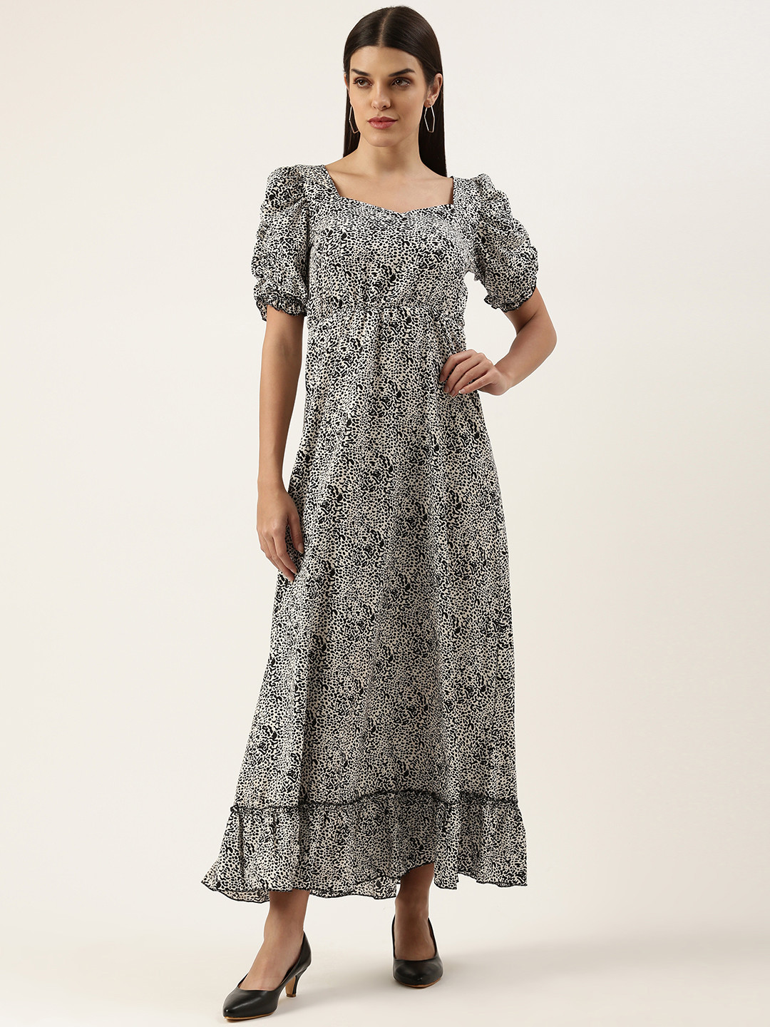 U&F Crepe Puff Sleeves Tiered Maxi Dress