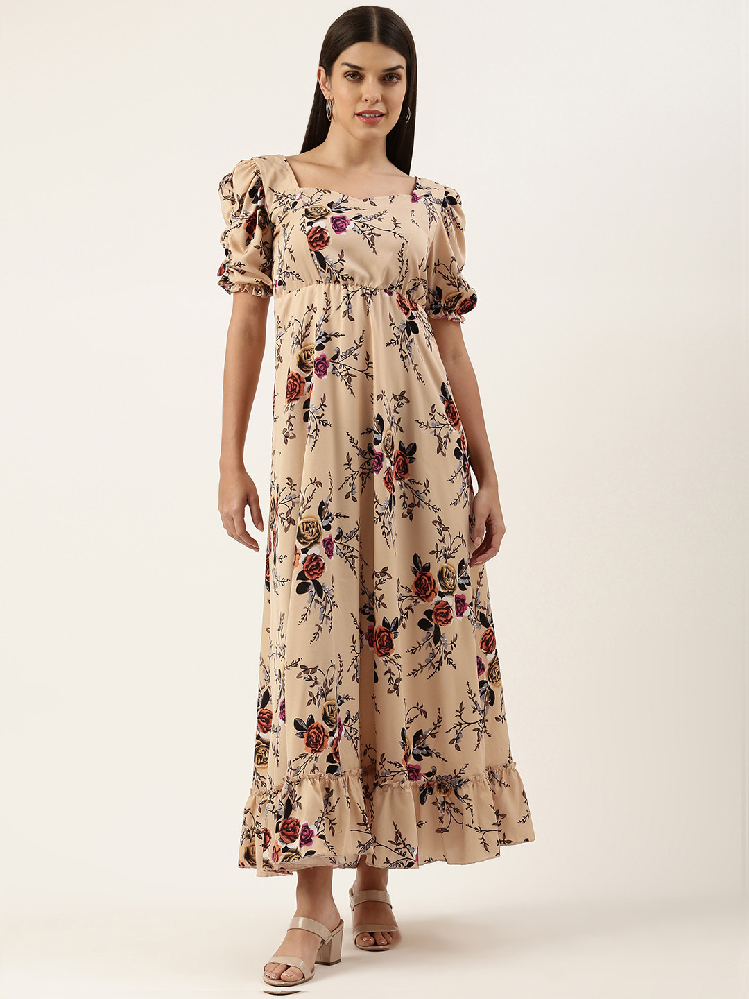 U&F Crepe Puff Sleeves Tiered Maxi Dress