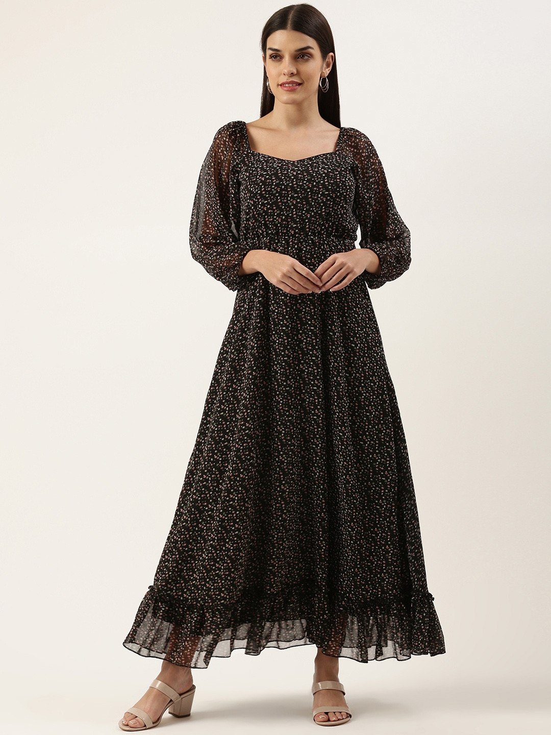 U&F Floral Georgette Sweetheart Neck Puff Sleeves Tiered Maxi Dress