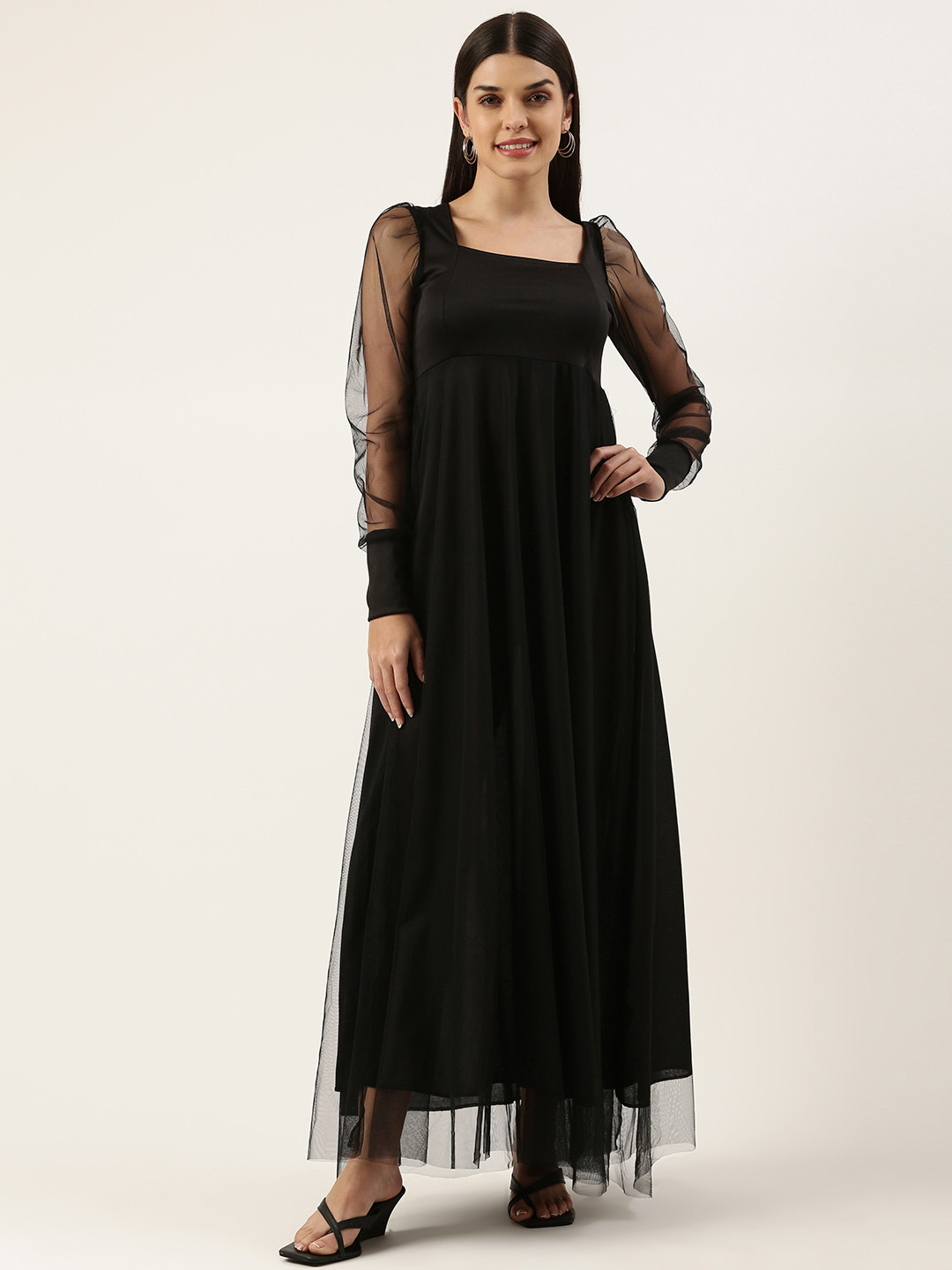 U&F Net Puff Sleeves Square Neck Maxi Dress