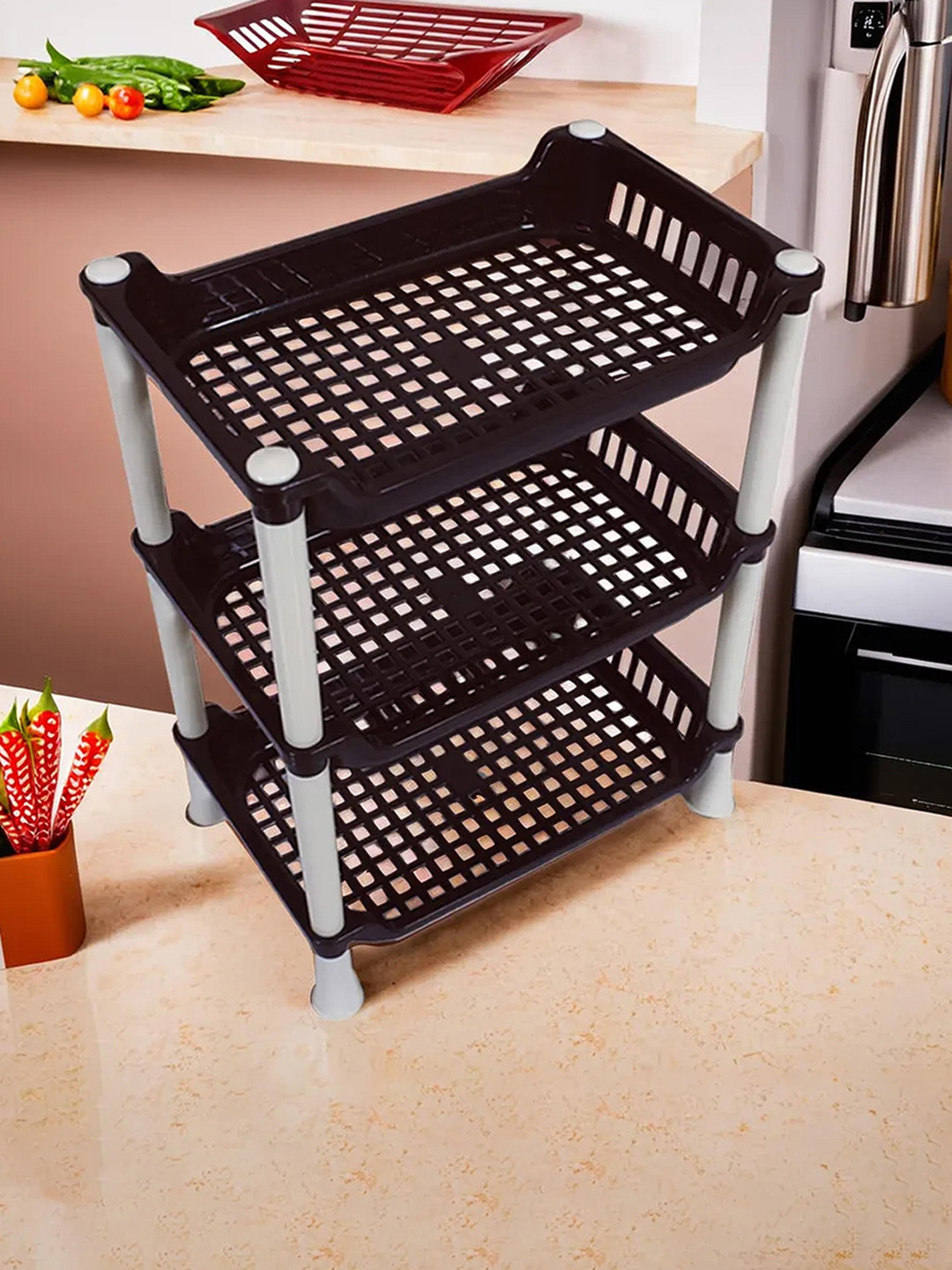 Kuber Industries Brown & White 3-Tier Rectangular Storage Rack