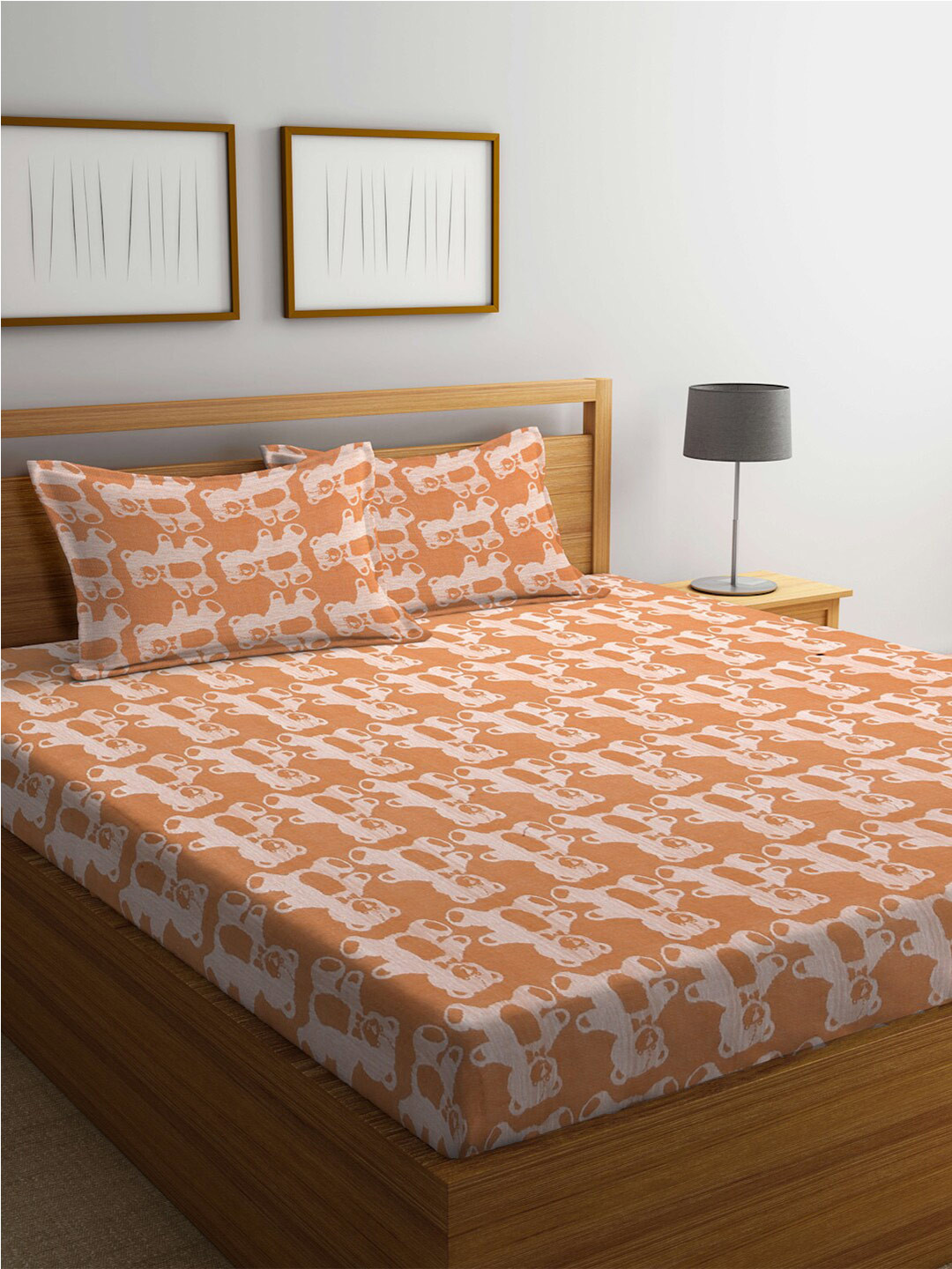 KLOTTHE Orange Conversational Pure Cotton Breathable 400 TC King Fine Bedsheet with 2 Pillow Covers-98 x 89 inches
