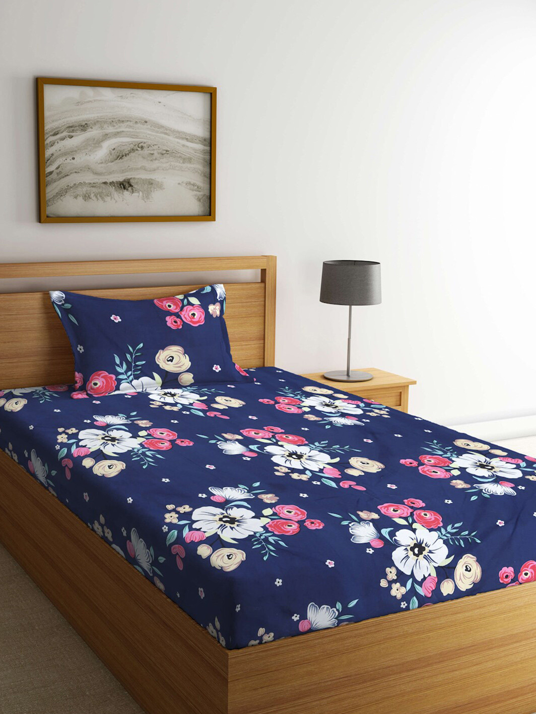 KLOTTHE Blue & White Floral 300 TC Single Bedsheet with 1 Pillow Cover