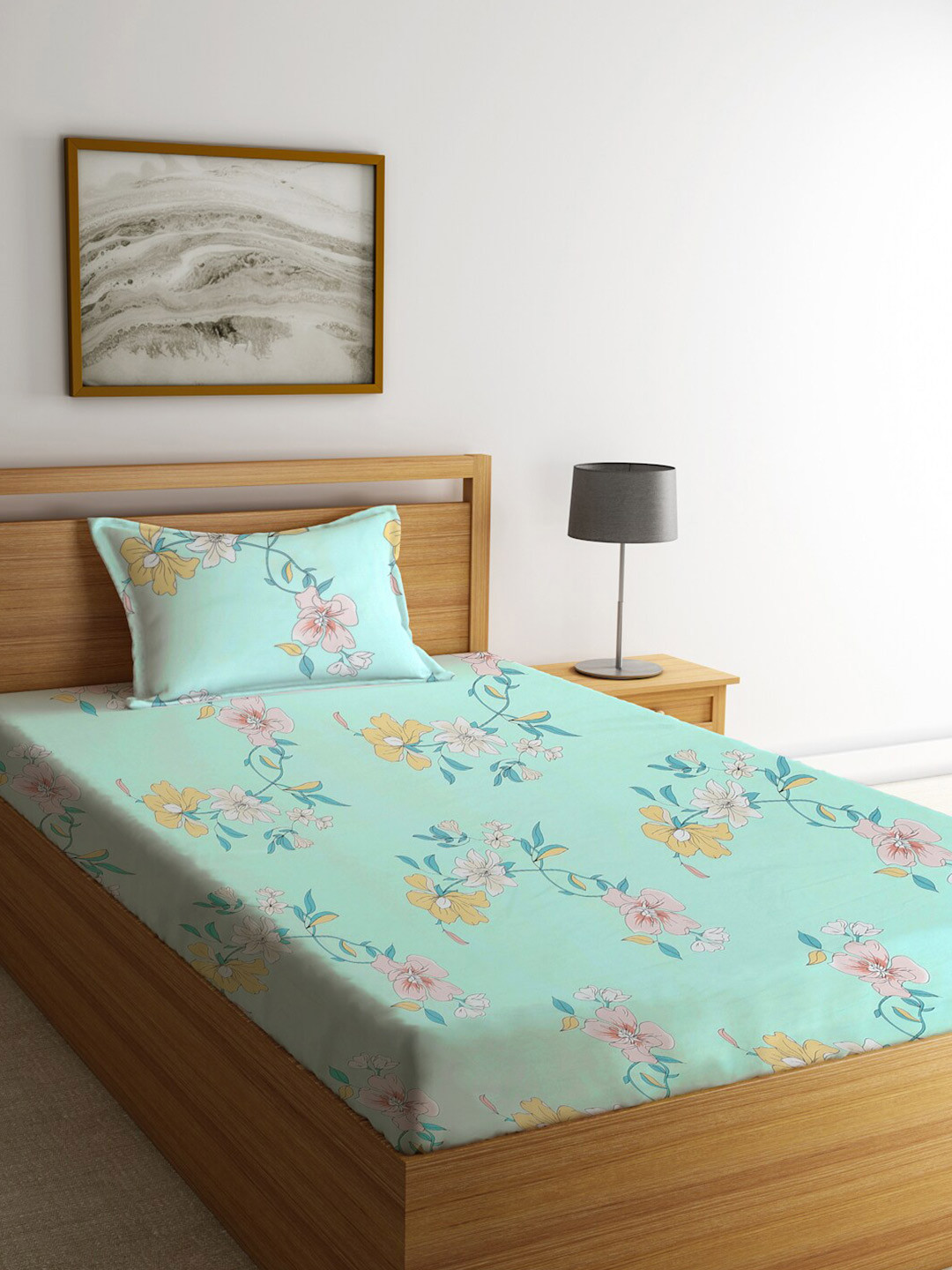 KLOTTHE Green Floral Cotton 300 TC Single Fine Bedsheet with a Pillow Cover-87 x 59 inches