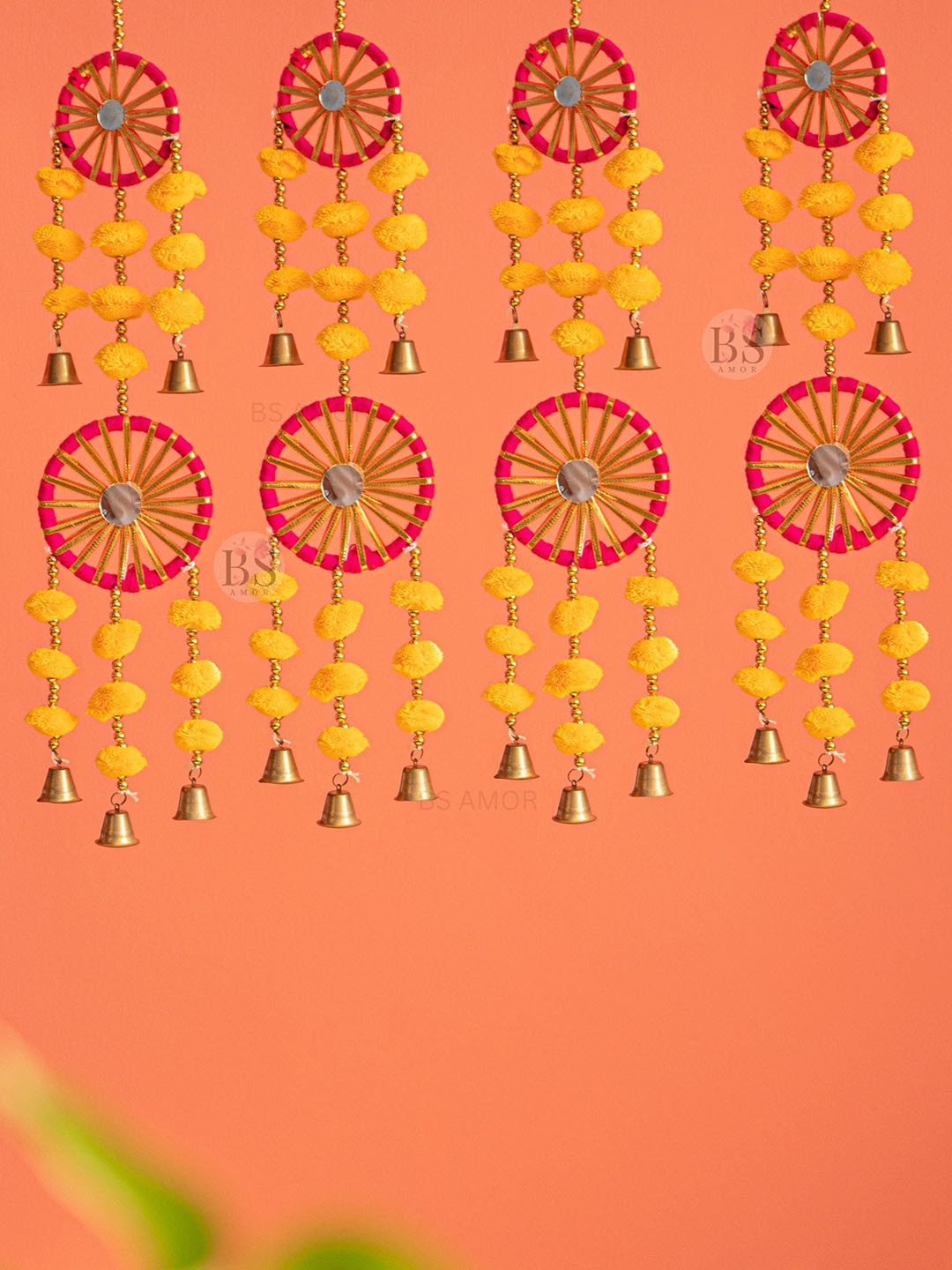 BS AMOR Set Of 2 Yellow & Pink Artificial Flowers Hanging Latkan With Bells