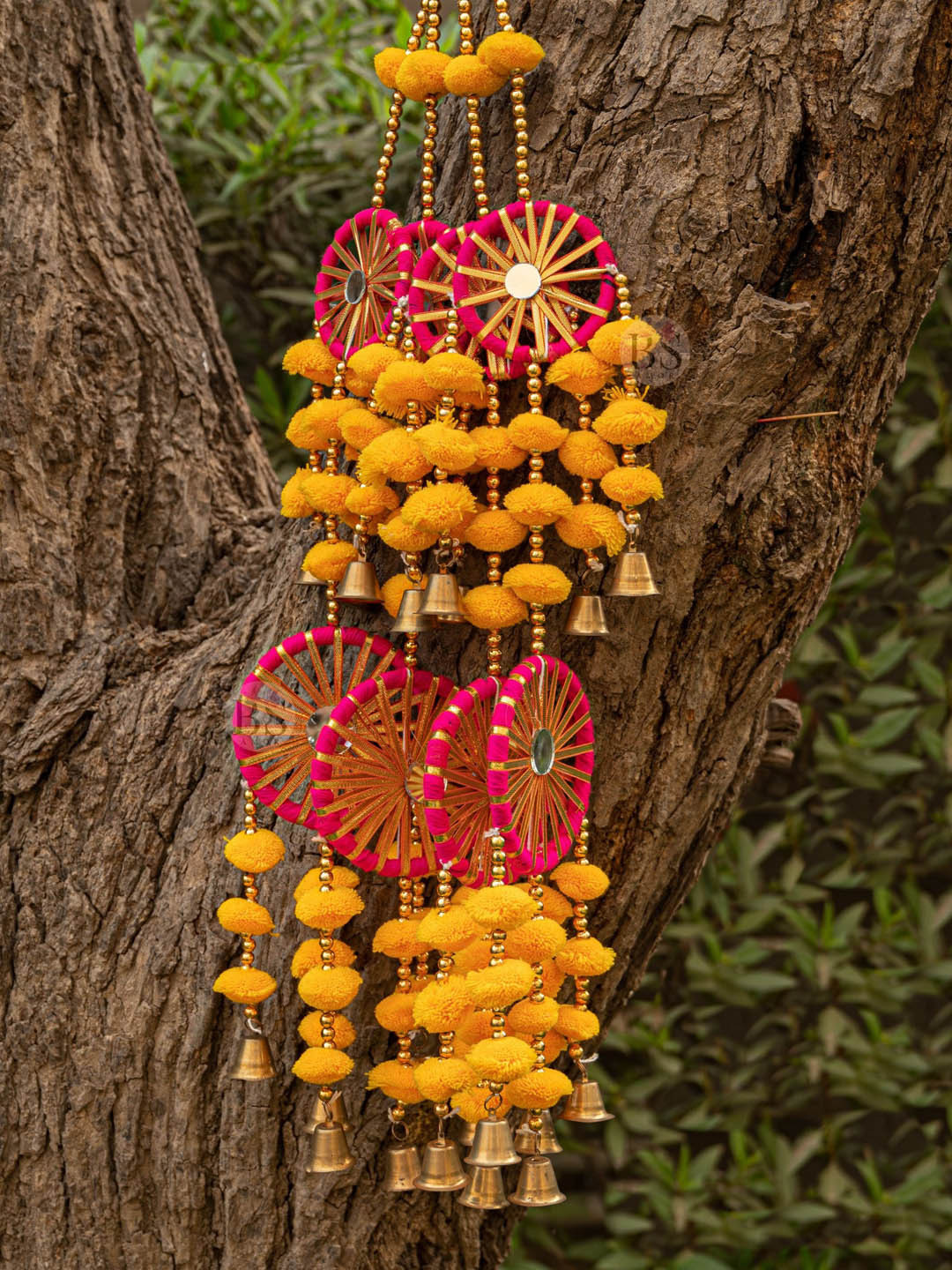 BS AMOR Set Of 5 Yellow & Pink Artificial Flowers Hanging Latkan With Bells