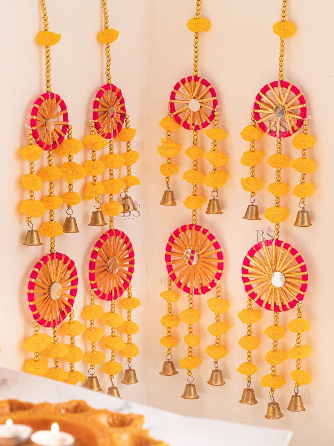 BS AMOR Set Of 3 Yellow & Pink Artificial Flowers Hanging Latkan With Bells