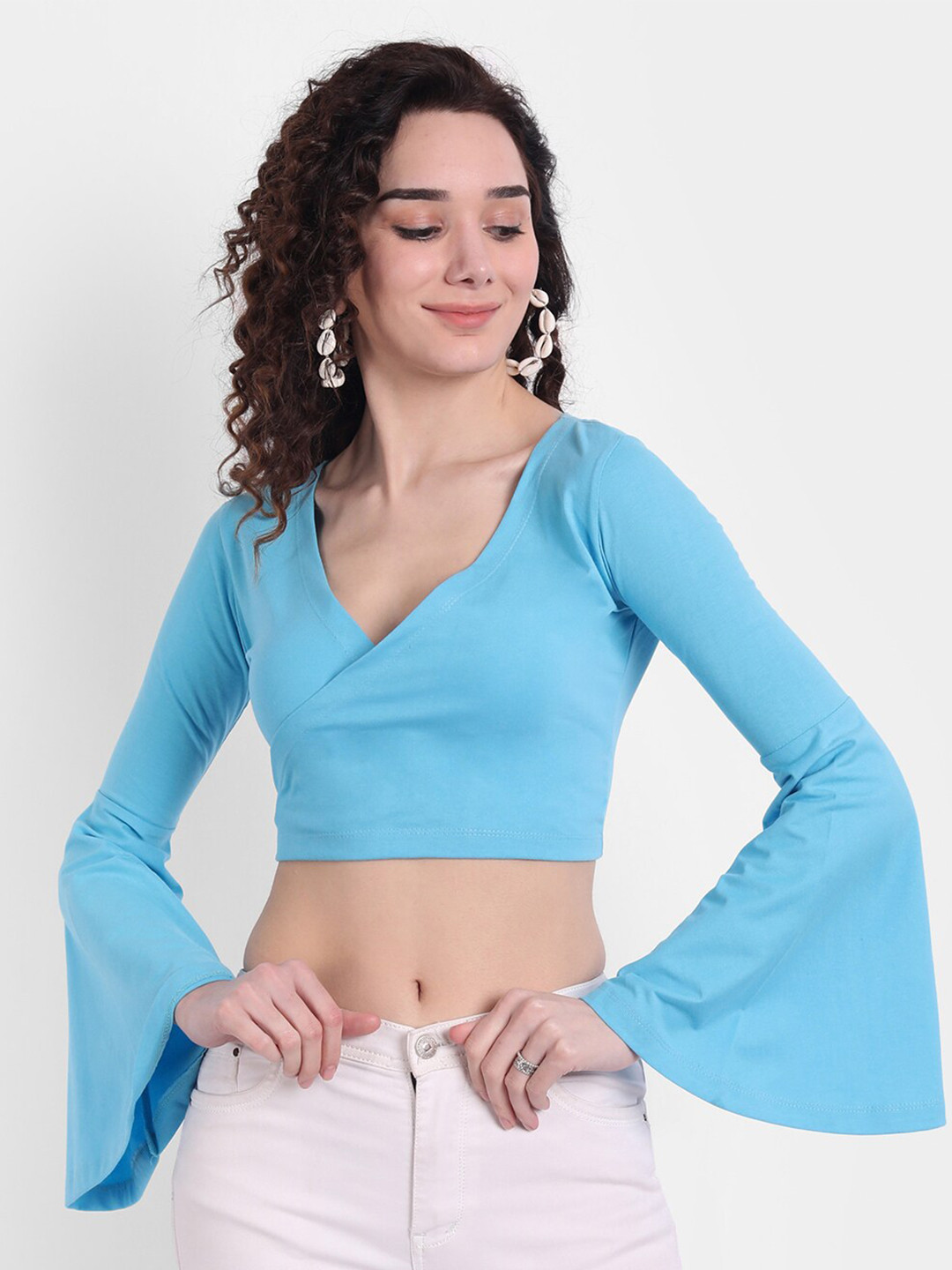 COLOR CAPITAL Solid Wrap Bell Sleeves Crop Top