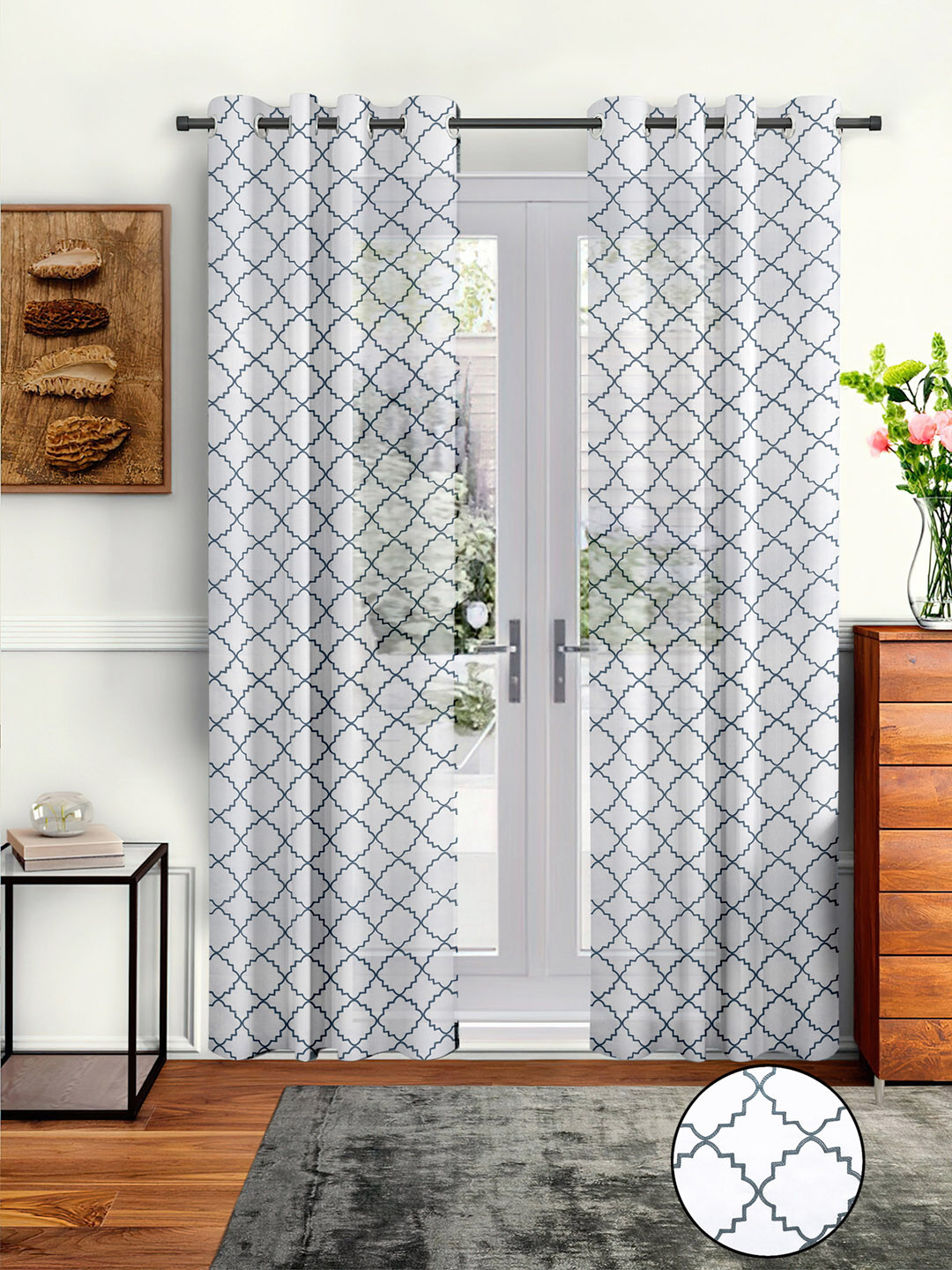Cortina White & Grey Pack Of 2 Embroidered Sheer Door Curtains