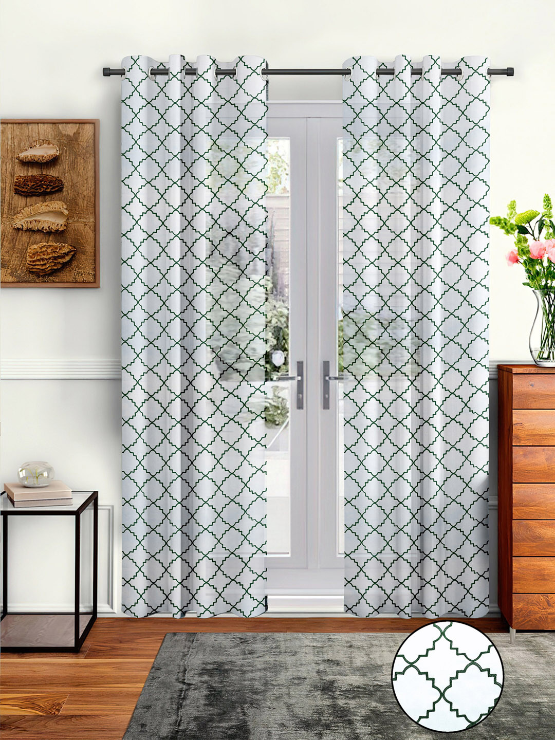 Cortina White & Green Set of 2 Embroidered Sheer Long Door Curtains