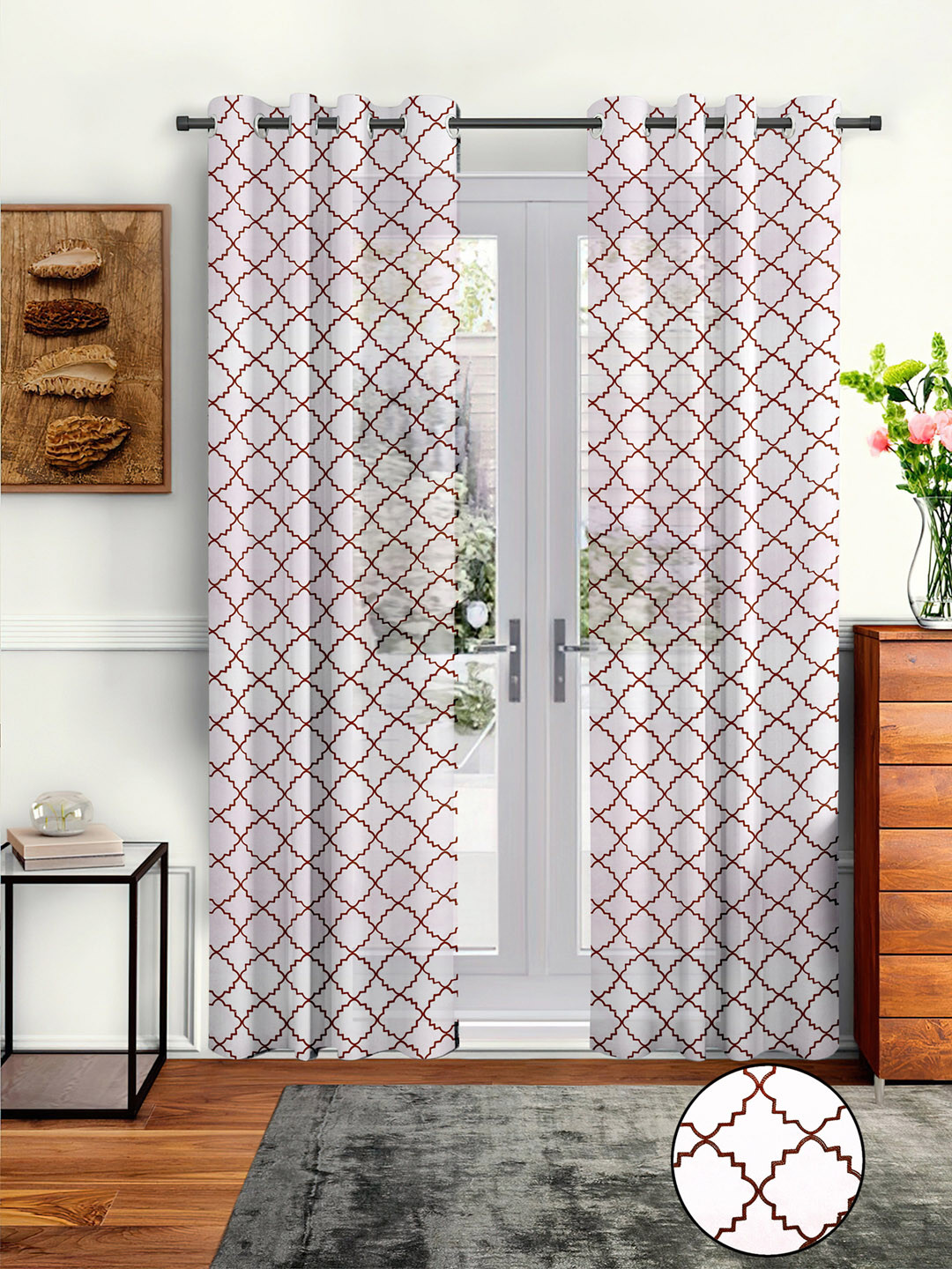 Cortina White & Brown Set of 2 Embroidered Sheer Long Door Curtains