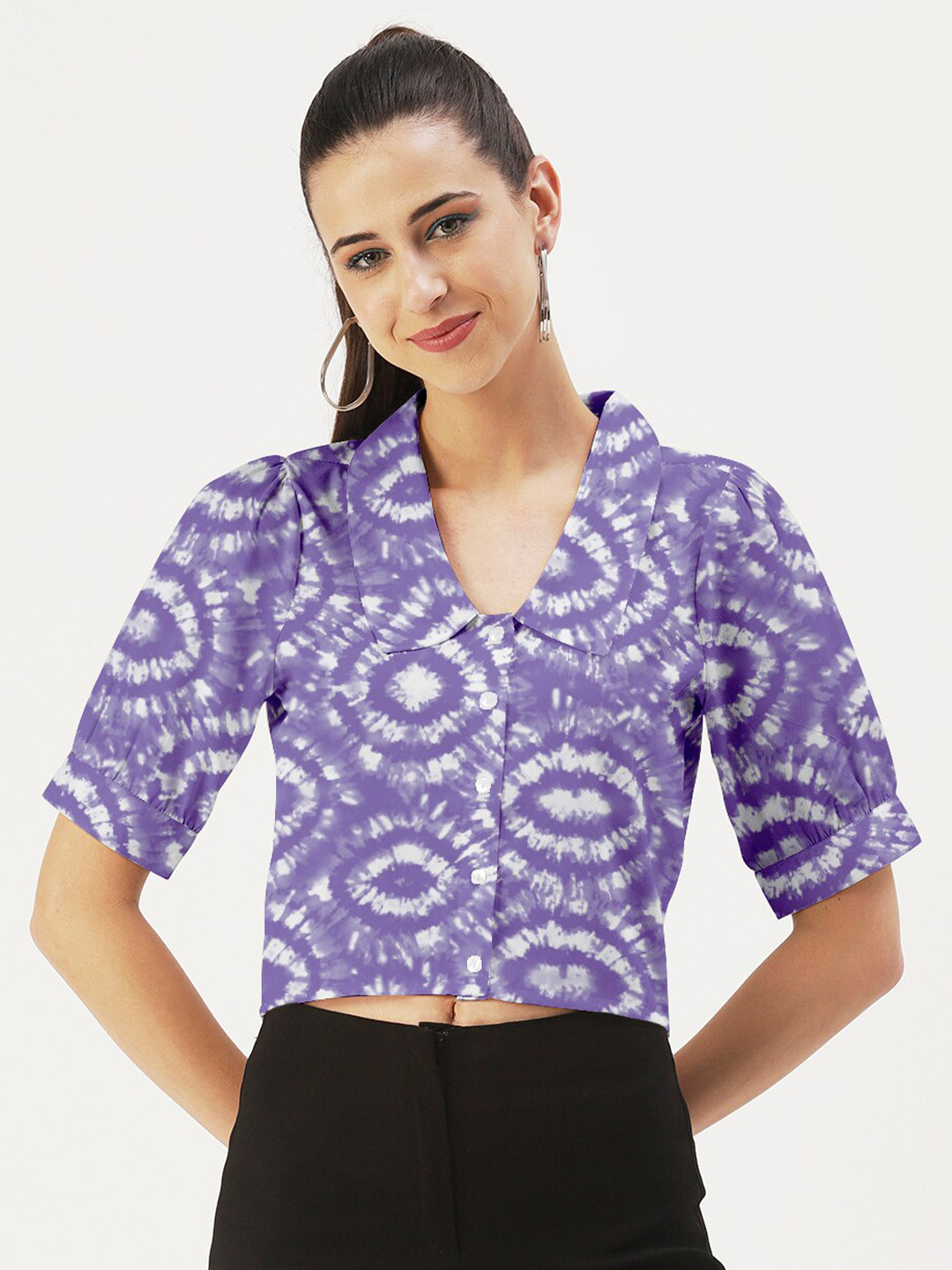 DressBerry Tie and Dye Crepe Shirt Style Crop Top