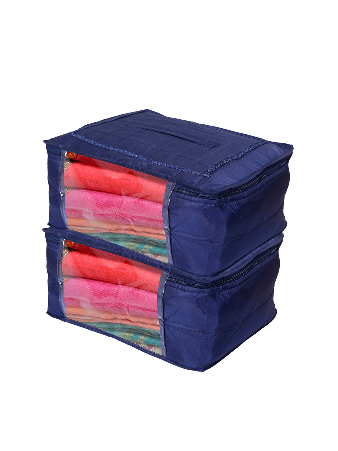 Kuber Industries Set Of 2 Navy Blue Self-Design Saree Organisers With Transparent Window