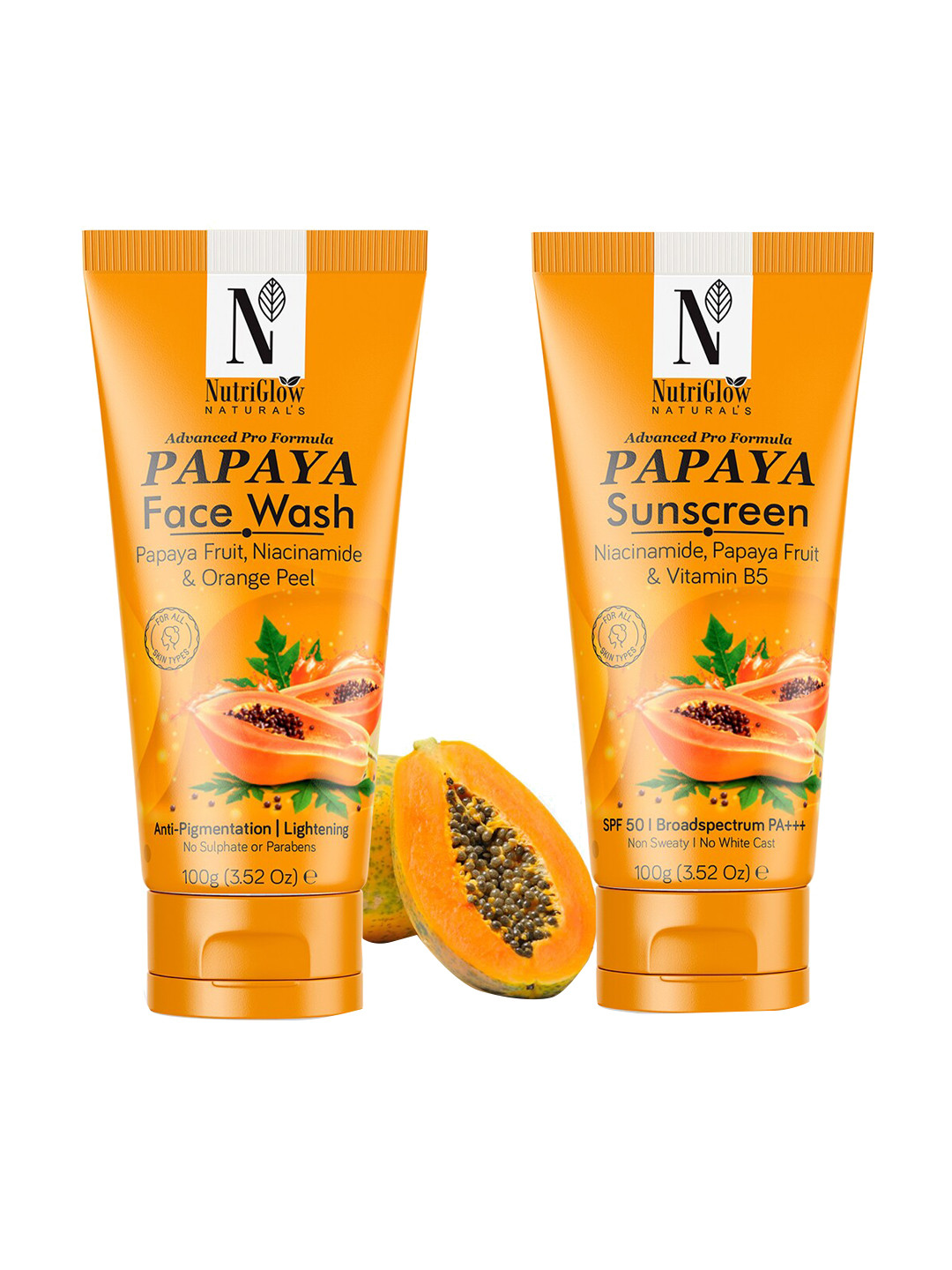 NutriGlow Naturals Set of Papaya Face Wash & Papaya SPF50 Sunscreen - 100 g each