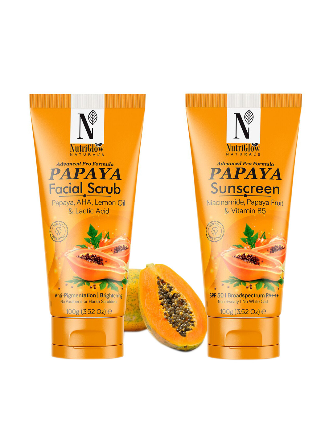 NutriGlow Naturals Set of Papaya Face Scrub & Papaya SPF50 Sunscreen - 100 g each