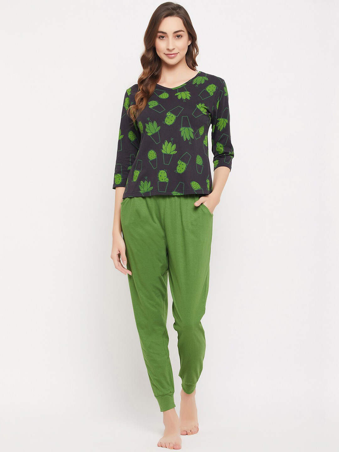 Clovia Women Pure Cotton Cactus Print Top in Black & Chic Basic Joggers