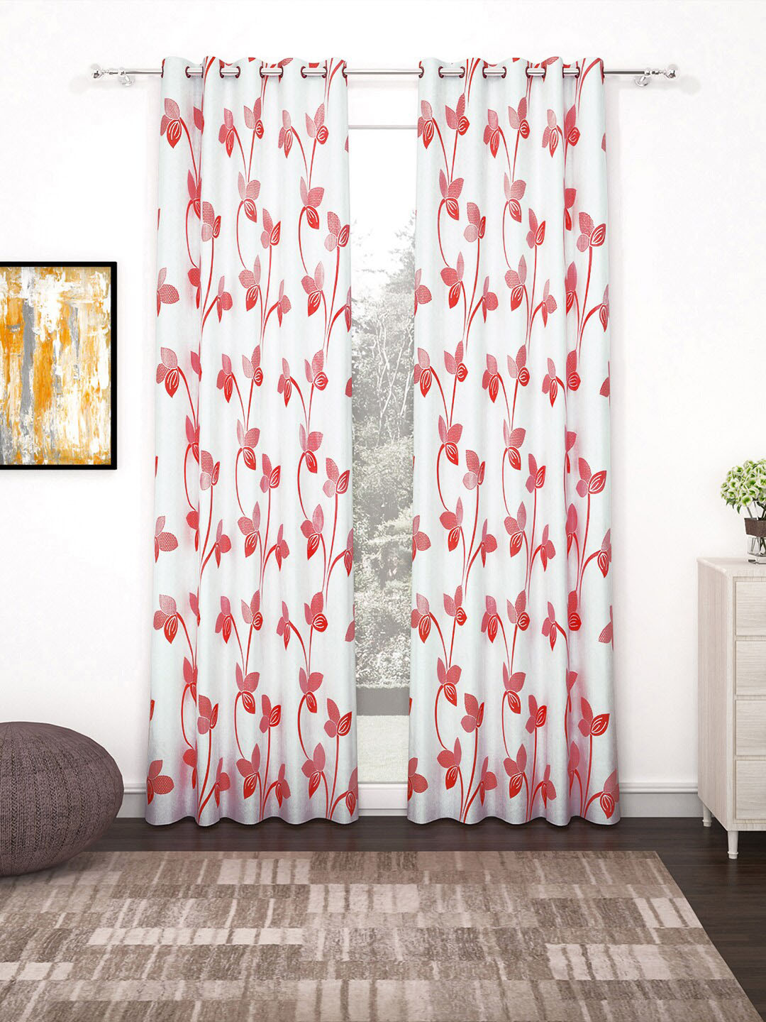 Story@home Nature Red & Off White Set of 2 Floral Long Door Curtains