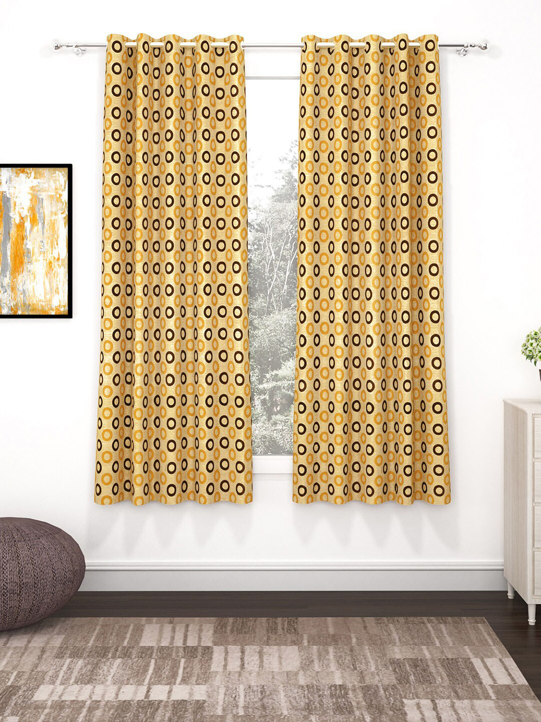 Story@home Nature Beige & Brown Set of 2 Geometric Window Curtains