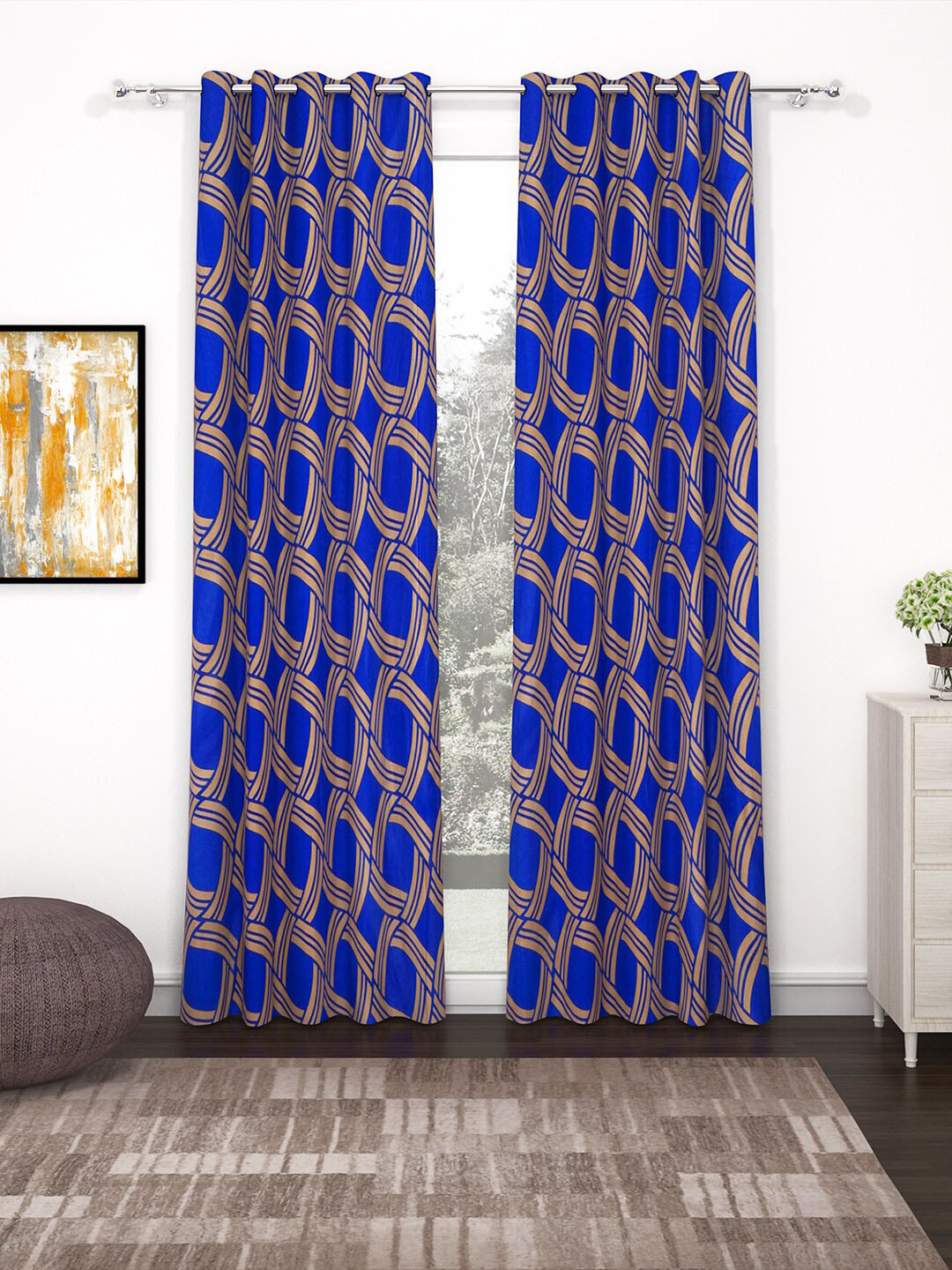 Story@home Nature Blue & Brown Abstract Printed Set of 2 Door Curtains