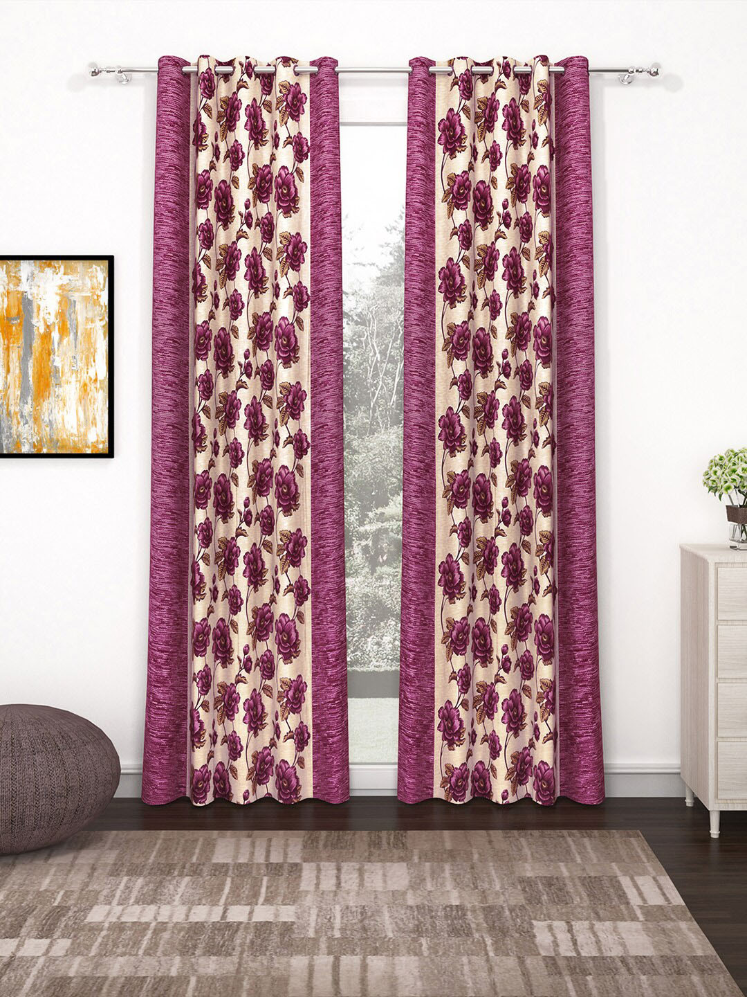 Story@home Nature Purple & Off White Set of 2 Floral Door Curtains