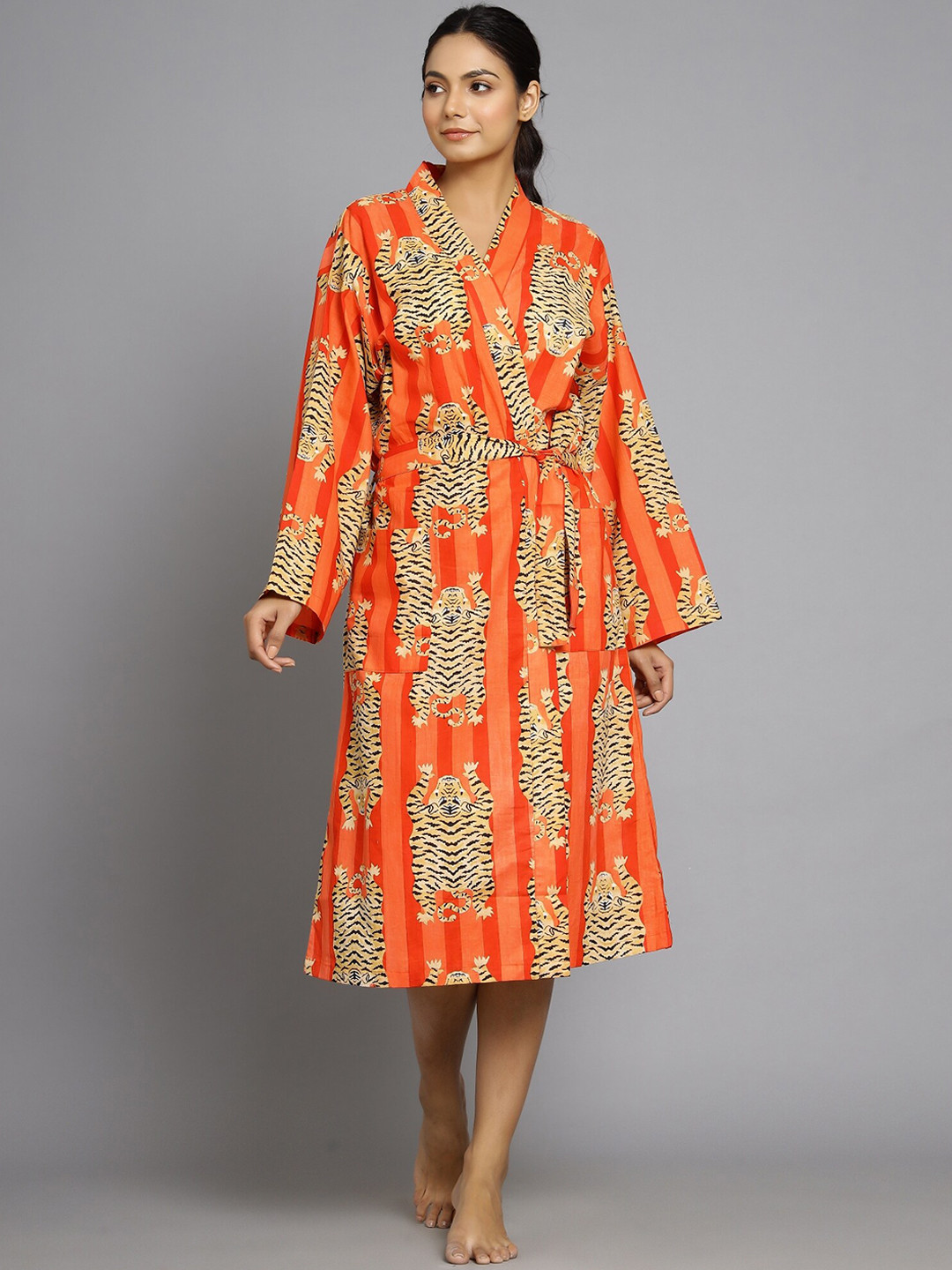 HANDICRAFT PALACE Tiger Orange Animal Print Cotton Drawstring Midi Bath Robe
