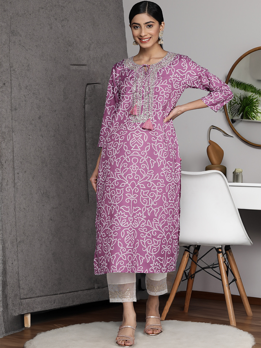 Varanga Women Purple Bandhani Gota & Mirror Work Embroidered Tie-Up Neck  Cotton Kurta