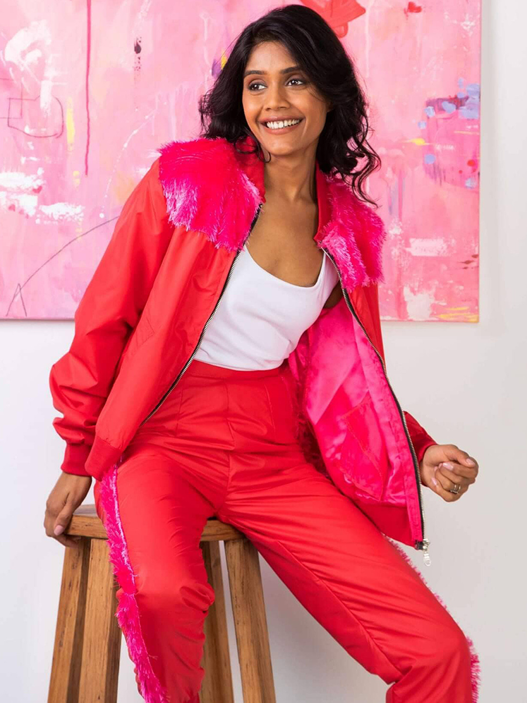 Rhe-Ana Women Colourblocked Faux Fur Trim Bomber Jacket