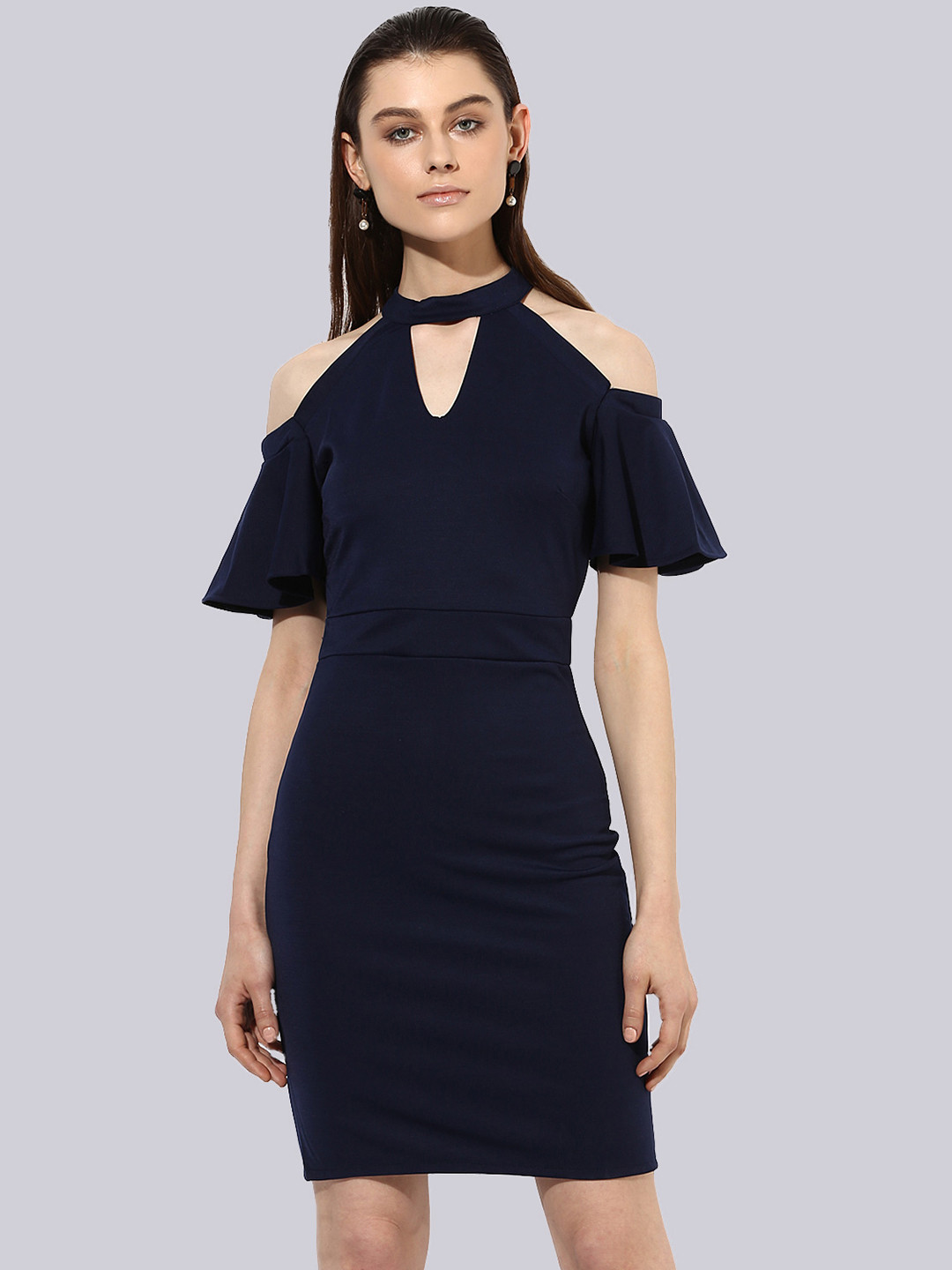 KLEIO Choker Neck Cold-Shoulder Sleeves Sheath Dress