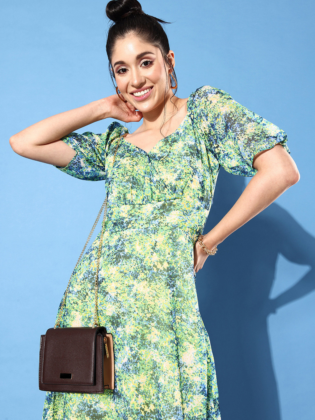 DressBerry Lovely Green Abstract Printed Neck it is ! Puff Sleeve Wrap Dress