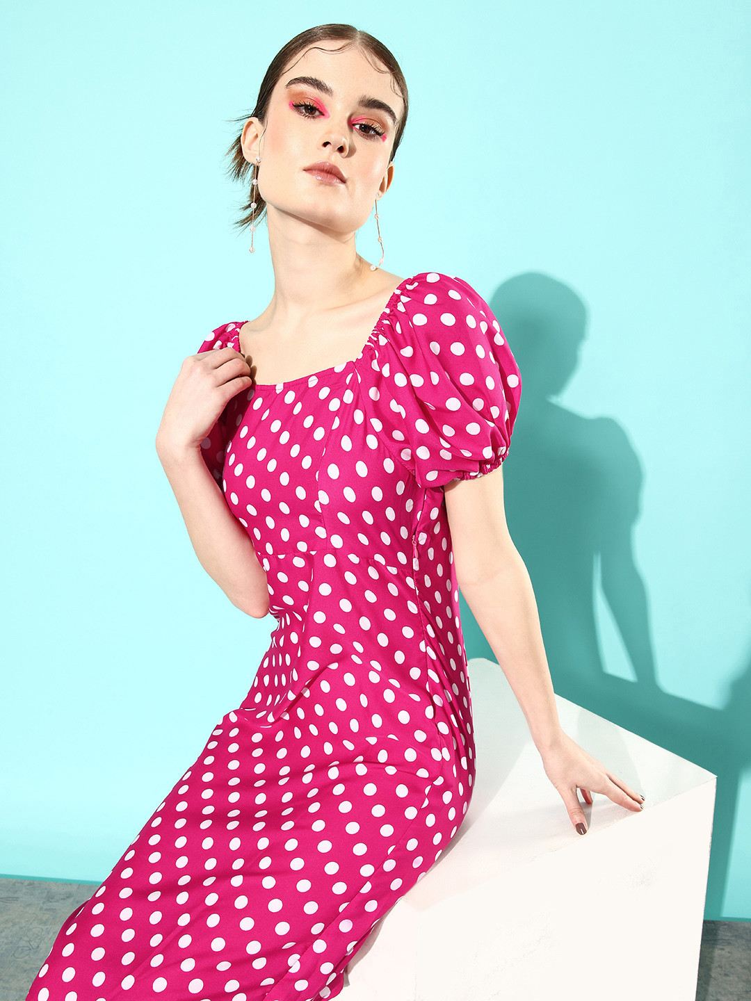 Dressberry Basics Polka Dot Print Square Neck Puff Sleeves Sundress Sheath Dress